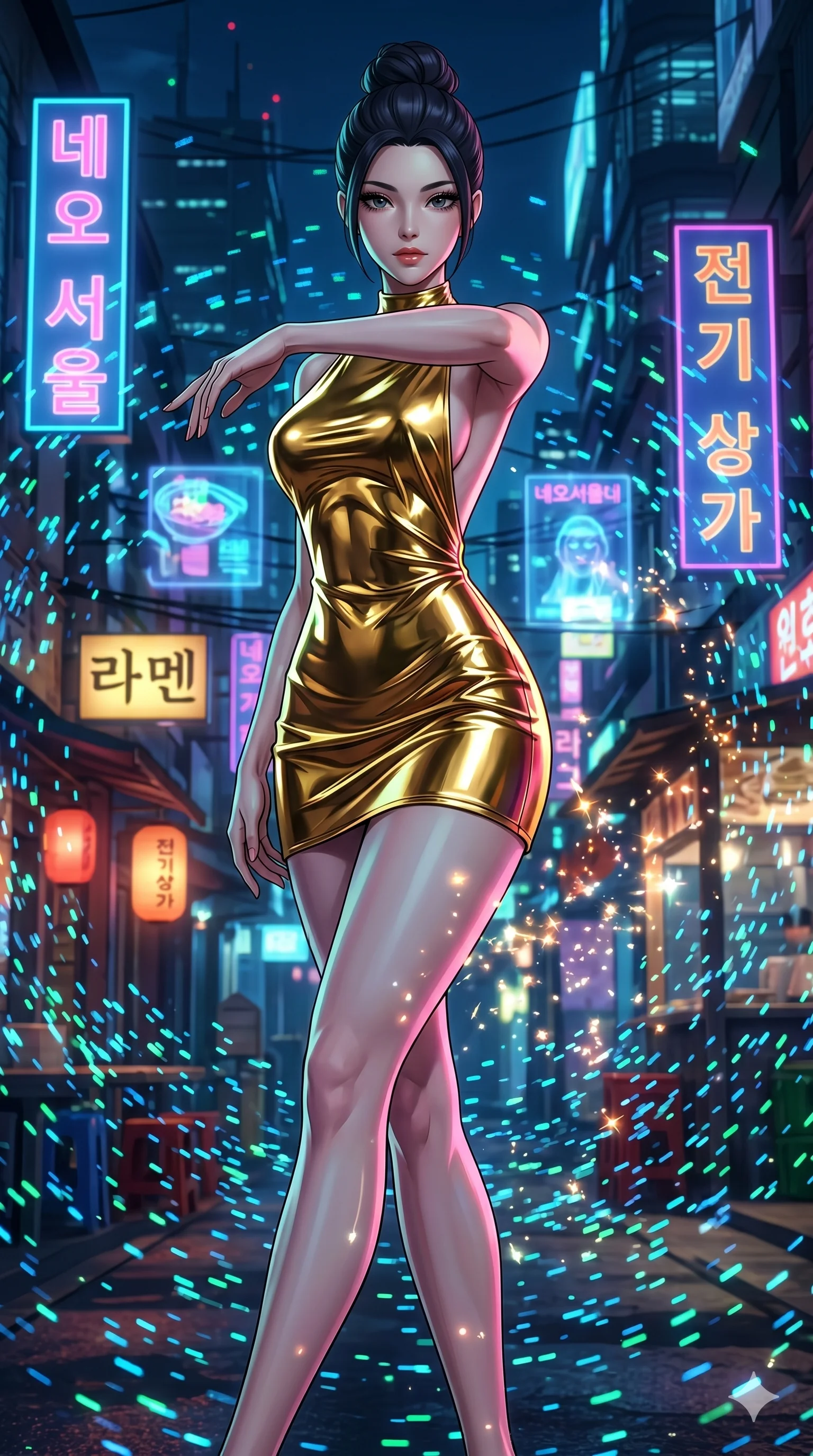 score_9, masterpiece, best quality, ultra-detailed, Set A: High-budget Anime Keyframe, Japanese woman. Upper body close-up from the thighs up, character filling the screen for maximum presence. Dancing through a neon-lit Neo-Seoul market, while a digital blizzard of 209 bits obscures the horizon and surrounded by glowing energy sparks. She has an absolutely perfect 8-heads proportion, an exceptionally tall and slender female figure with impossibly long slender legs and an ultra-slim waist. Sharp v-shaped jawline, high-bridge nose, intricate jewel-like eyes with depth, thick eyelashes, glossy lips with a natural sheen. Wearing Liquid gold mini-dress with a sharp architectural silhouette and open back. Cinematic lighting, vibrant colors, dramatic shadows, 2k, ultra detail, master piece, 9:16 ratio