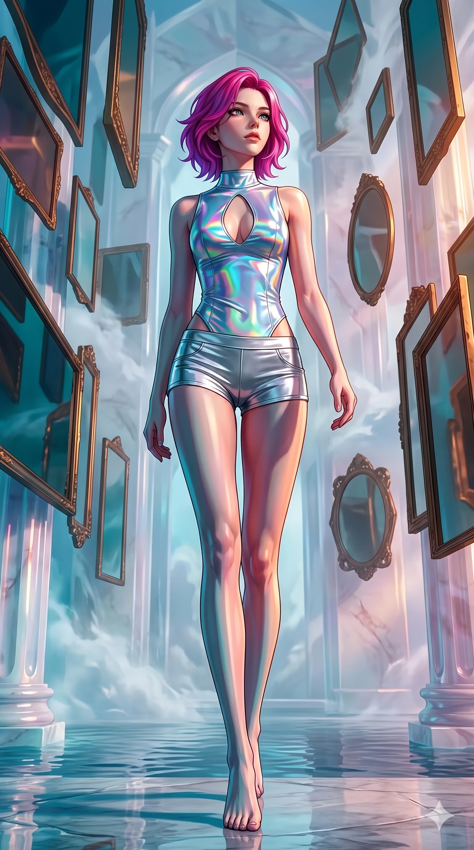 score_9, masterpiece, best quality, ultra-detailed, high-budget anime keyframe, Caucasian woman, strictly human ears. low angle full-body shot filling the entire 9:16 frame with her statuesque presence, stretching the vertical silhouette. wandering through a mirage cloud cathedral of translucent marble and water mist, surrounded by floating ancient bronze mirror walls. She has an absolutely perfect 8-heads proportion, an exceptionally tall and slender female figure with impossibly long slender legs and an ultra-slim waist. V-shaped jawline, high-bridge nose, intricate jewel-like eyes with depth, thick eyelashes, glossy lips with a natural sheen.. wearing a holographic liquid silk vest and silver metallic micro-shorts, featuring a keyhole cutout and form-fitting silhouette. accented by dynamic color-blocked lighting with high-contrast shadows emphasizing her statuesque height. 2k, ultra detail, master piece, 9:16 ratio