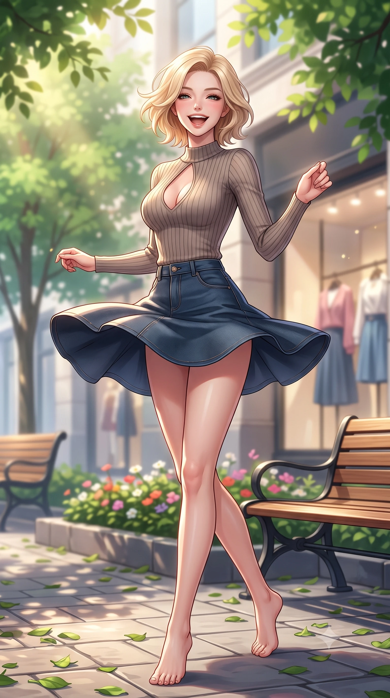 score_9, masterpiece, best quality, ultra-detailed, high-budget anime keyframe, editorial fashion photography, tasteful artistic composition, Caucasian woman. low angle full-body shot from head to toe showing her feet, filling the entire 9:16 vertical frame with her statuesque presence, stretching her vertical silhouette. twirling around with a playful, cute laugh, her skirt billowing beautifully in the air set against a soft-focus background of on a leafy shopping avenue with wooden benches and flower beds with stylish shopping window displays showing chic clothes in soft focus behind her. She has an absolutely perfect, statuesque 8.5-heads proportion, an exceptionally tall and slender model-like female figure with impossibly long slender legs and an ultra-slim waist. sharp v-shaped jawline, high-bridge nose, intricate jewel-like eyes with depth, thick eyelashes, glossy lips with a natural sheen. wearing tailored form-contouring ribbed knit top with a plunging keyhole cutout, paired with a dark denim mini skirt. soft morning sun rays painting the street in a fresh, energetic gold tone. highly saturated vibrant anime colors, detailed shading with soft gradients, rich glossy textures, high-contrast stereoscopic depth, volumetric dynamic lighting, master piece, 9:16 ratio