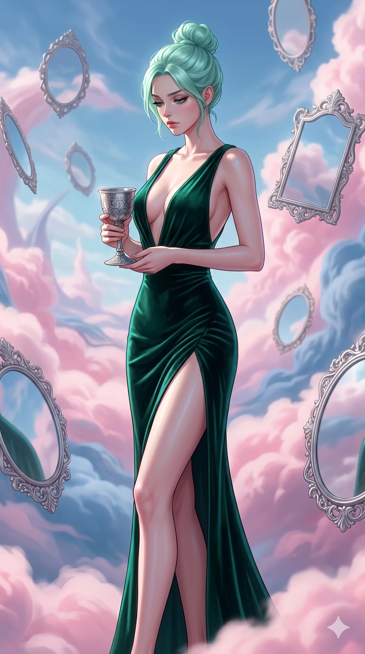 score_9, masterpiece, best quality, ultra-detailed, high-budget anime keyframe, editorial fashion photography, tasteful artistic composition, Japanese woman. cowboy shot from the thighs up, character and outfit filling the frame for maximum editorial presence. holding a silver chalice, looking down with lowered lashes in a surreal cloud sanctuary with floating mirrors (Code-P17-091). She has an absolutely perfect 8-heads proportion, an exceptionally tall and slender female figure with impossibly long slender legs and an ultra-slim waist. V-shaped jawline, high-bridge nose, intricate jewel-like eyes with depth, thick eyelashes, glossy lips with a natural sheen. wearing a velvet gown with a plunging neckline and high slit to mid-thigh. bright cinematic key light tracing the sleek contours of her athletic figure. 2k, ultra detail, master piece, 9:16 ratio