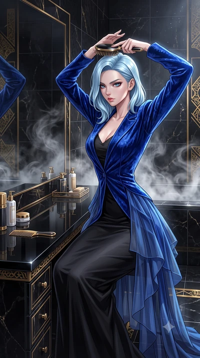 score_9, masterpiece, best quality, ultra-detailed, High-budget Anime Keyframe, East Asian woman. Dynamic full-body shot stretching the vertical silhouette to the limit. Scenario 412: brushing her hair while seated before a vanity of black glass in a