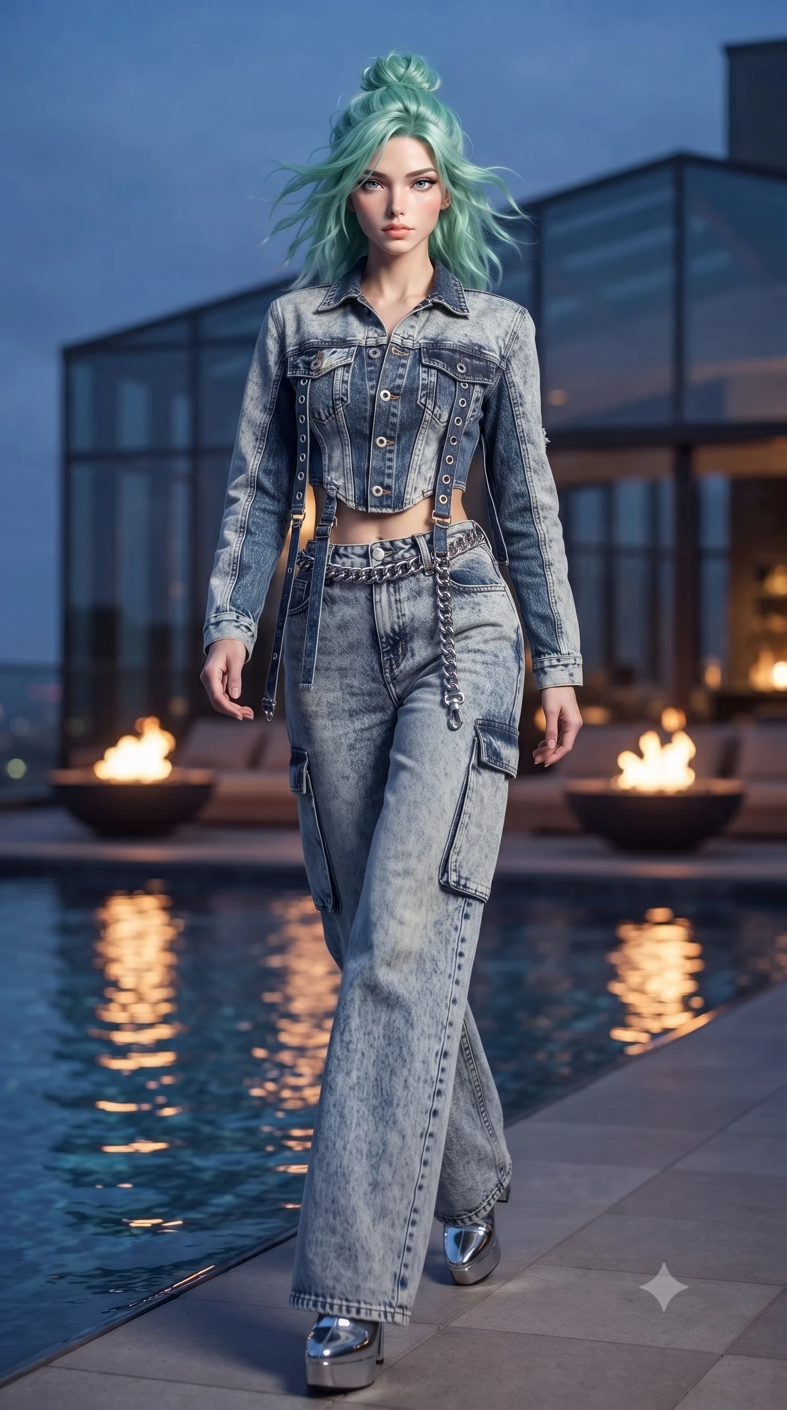 score_9, masterpiece, best quality, ultra-detailed, high-budget anime keyframe, editorial fashion photography, tasteful artistic composition, Japanese woman. low angle full-body shot from head to toe showing her feet, filling the entire 9:16 vertical frame with her statuesque presence, stretching her vertical silhouette. striding forward in a proud, dynamic supermodel runway stride, her statuesque vertical silhouette commanding the entire frame while pivoting gracefully beside an infinity pool as midnight city lights shimmer across the water's surface. The composition keeps background elements in soft focus with creamy bokeh. penthouse glass architecture and glowing rooftop fire pits softened in cinematic shallow depth of field. She has an absolutely perfect, statuesque 8.5-heads proportion, an exceptionally tall and slender model-like female figure with impossibly long slender legs, a toned flat midriff, and an ultra-slim waist. sharp v-shaped jawline, high-bridge nose, intricate jewel-like eyes with depth, thick eyelashes, glossy lips with a natural sheen, captivating and magnetic expression, flawlessly proportioned anatomical accuracy, strict slender model proportions, natural body alignment, perfectly sculpted long slender limbs, ultra-slim waistline, clean dynamic posture without body distortion. wearing a deconstructed denim corseted crop jacket paired with high-waisted wide-leg utility jeans and a silver grommet belt in acid-wash light denim and dark chrome, tailored from distressed structured cotton denim with metallic thread, accented with hanging industrial clip straps and chrome chain links, the glove-like aerodynamic second-skin fit tightly clinging to her ultra-slender waist and athletic curves without adding bulk, accentuating her razor-sharp statuesque lines and slim hourglass silhouette. bathed in twilight indigo sky tones and warm amber rooftop fire pit glow. ultra-reflective glossy finish, specular highlights, rich textural contrasts, high-contrast stereoscopic depth, volumetric dynamic lighting, 2k, ultra detail, master piece, 9:16 ratio