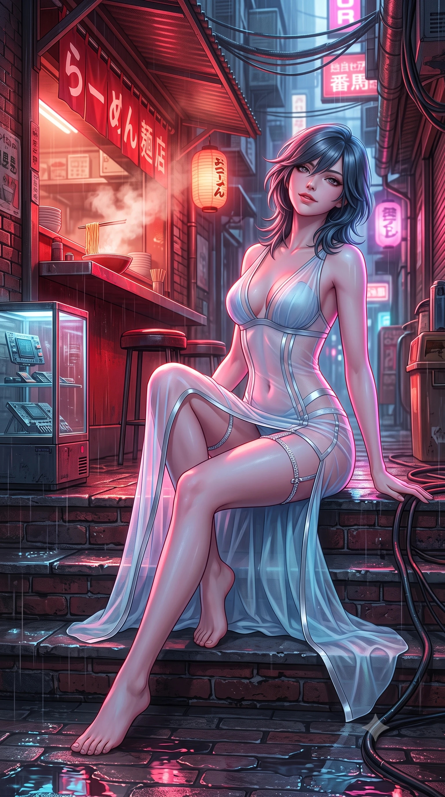 score_9, masterpiece, best quality, ultra-detailed, high-budget anime keyframe, semi-realistic 3D game render, editorial fashion photography, tasteful artistic composition, Caucasian woman. low angle full-body shot from head to toe showing her feet, filling the entire 9:16 vertical frame with her statuesque presence, stretching her vertical silhouette. sitting poised on the stone steps with one knee bent, arching her spine with supermodel elegance as she glances upward through thick eyelashes while twisting her slender torso in an alluring S-curve beside the red-lit noodle bar counter, neon reflections and warm steam tracing her flat midriff and hips. The surrounding environment is rendered in vivid detail and crisp panoramic clarity: sharp wet brick textures, glass display case reflections with micro-chip components, and weathered cyberpunk cables in deep focus. She has an exceptionally tall and slender model-like 8.5-heads proportion, an ultra-slim waist, a flat toned midriff, narrow delicate ribcage, and beautifully sculpted feminine hips creating a graceful, slim hourglass silhouette without any bulky heaviness, with impossibly long slender legs. sharp v-shaped jawline, high-bridge nose, intricate jewel-like sparkling eyes with depth, thick eyelashes, glossy parted lips with a natural peach sheen, bright cheerful beaming smile with an enchanting and coquettish sensual glint, exuding both youthful cute charm and seductive allure, flawlessly proportioned anatomical accuracy, strict slender model proportions, natural body alignment, perfectly sculpted long slender limbs, ultra-slim waistline, clean dynamic posture without body distortion. wearing a plunge-front sheer illusion tulle combat slip dress with liquid platinum ribbon stripes hugging her curves in arctic cryo-glacier ice blue and platinum white, woven from fine semi-opaque stretch illusion mesh tracing her slender contours, finished with delicate crystal-encrusted thigh garter straps glinting in the dim light, the glove-like clinging cut tightly following the natural contour of her hips and long slender legs with youthful 8.5-heads elegance. illuminated by puddle reflection bounce and sharp neon-pink rim lights sculpting her jawline, narrow waist, and curvy hips. highly saturated vibrant anime colors, detailed shading with soft gradients, rich glossy textures, high-contrast stereoscopic depth, volumetric dynamic lighting, master piece, 9:16 ratio