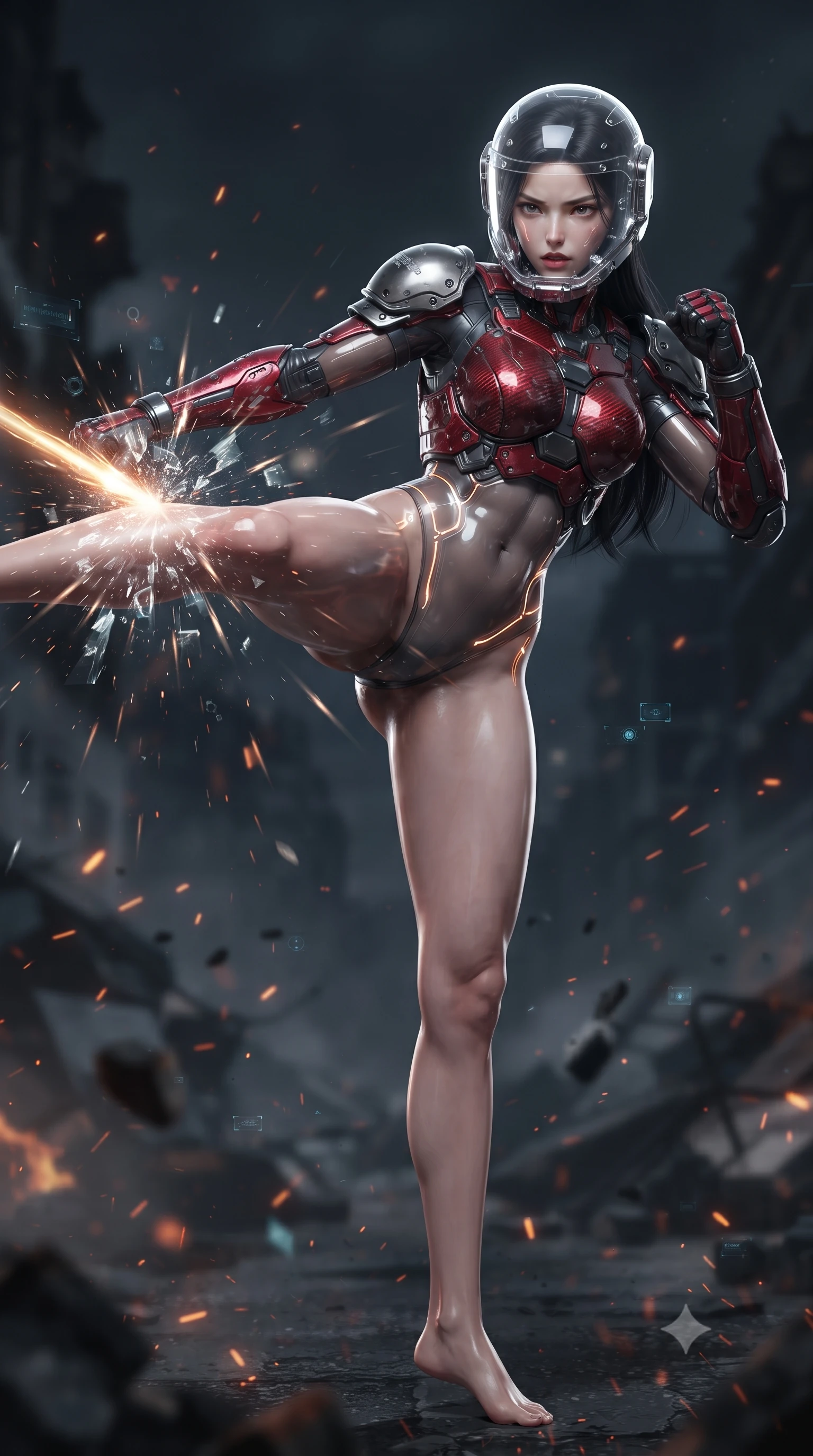 score_9, masterpiece, best quality, ultra-detailed, high-budget anime keyframe, editorial fashion photography, tasteful artistic composition, Korean woman. low angle full-body shot from head to toe showing her feet, filling the entire 9:16 vertical frame with her statuesque presence, stretching her vertical silhouette. striding forward with sovereign warrior elegance in a low, predatory combat advance through the ruins, hips swaying with fierce athletic poise while delivering a sweeping roundhouse kick that deflects an incoming kinetic projectile with thunderous impact. The composition keeps background elements in soft focus with creamy bokeh. drifting fire embers and holographic HUD motes scattering radiant glints across a dark urban warzone. She has an absolutely perfect, statuesque 8.5-heads proportion, an exceptionally tall and slender model-like female figure with impossibly long slender legs, a toned flat midriff, and an ultra-slim waist. sharp v-shaped jawline, high-bridge nose, intricate jewel-like eyes with depth, thick eyelashes, glossy lips with a natural sheen, fierce and resolute heroine expression, flawlessly proportioned anatomical accuracy, strict slender model proportions, natural body alignment, perfectly sculpted long slender limbs, ultra-slim waistline, clean dynamic posture without body distortion. wearing a crystal-clear transparent armored riot-visor helmet showing her entire beautiful face and determined expression with pristine clarity, paired with a heavy modular carbon-fiber combat cuirass paired with a second-skin tactical leotard and reinforced titanium shoulder pauldrons in deep battle-scarred crimson carbon weave with specular dark chrome accents, crafted from semi-translucent cybernetic carbon-vinyl interwoven with glowing micro-filaments, accented with glowing fiber-optic telemetry conduits tracing her collarbones and hip curves, the glove-like aerodynamic second-skin fit tightly clinging to her ultra-slender waist and athletic curves without adding bulk, accentuating her razor-sharp statuesque lines and slim hourglass silhouette. illuminated by crisp white key lighting with sharp specular highlights tracing her slender athletic build. ultra-reflective glossy finish, specular highlights, dark metallic sheen, high-contrast stereoscopic depth, volumetric dynamic lighting, 2k, ultra detail, master piece, 9:16 ratio