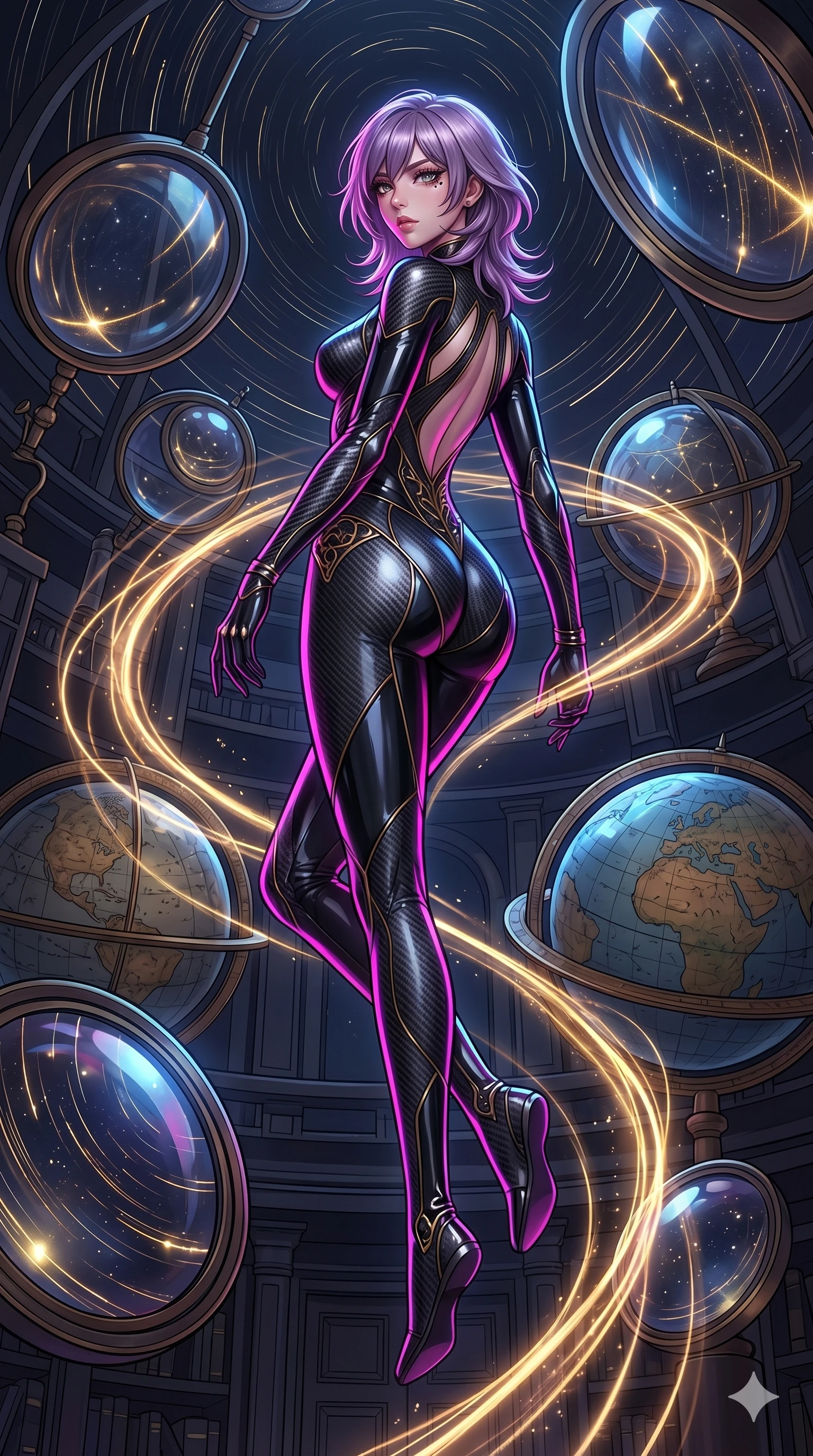 score_9, masterpiece, best quality, ultra-detailed, high-budget anime keyframe, editorial fashion photography, tasteful artistic composition, Japanese woman. low angle full-body shot from head to toe showing her feet, filling the entire 9:16 vertical frame with her statuesque presence, stretching her vertical silhouette. floating suspended above inside an alchemical observatory with giant floating lenses reflecting distant stars as trails of golden light follow her dynamic movement. She has an absolutely perfect 8-heads proportion, an exceptionally tall and slender female figure with impossibly long slender legs and an ultra-slim waist. V-shaped jawline, high-bridge nose, intricate jewel-like eyes with depth, thick eyelashes, glossy lips with a natural sheen.. wearing a body-conforming carbon fiber combat suit, featuring matte black carbon fiber and glossy latex panels with elegant slitted cutouts on the upper back. lit by high-contrast neon strobes that carve out her dynamic posture and V-shaped jawline. 2k, ultra detail, master piece, 9:16 ratio