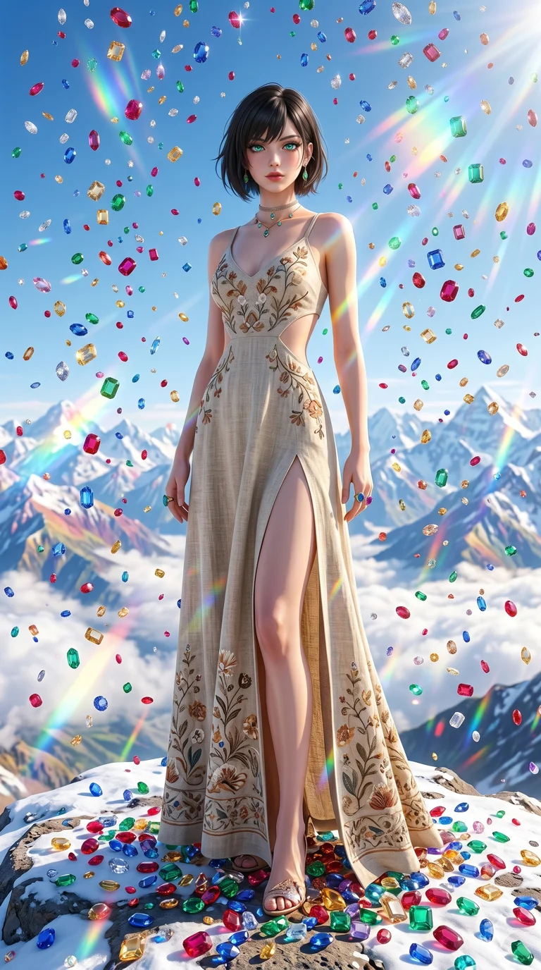 첨부의 캐릭터 얼굴만 유지해, score_9, masterpiece, best quality, ultra-detailed, Set B: Semi-realistic 3D Game Render, Caucasian woman (strictly human ears). Low angle cowboy shot filling the entire 9:16 frame with her statuesque presence. Standing in a rain of colorful jewels on a mountain peak. She has an absolutely perfect 8-heads proportion, an exceptionally tall and slender female figure with elegant long slender legs and an slender waist. Sharp v-shaped jawline, high-bridge nose, intricate jewel-like eyes with depth, thick eyelashes, glossy lips. Wearing a Seasonal/Resort outfit: linen sundress with side cut-outs and a high side slit. Background is a bright and colorful snowy mountain with thousands of falling gems and prismatic light. 2k, ultra detail, master piece, 9:16 ratio