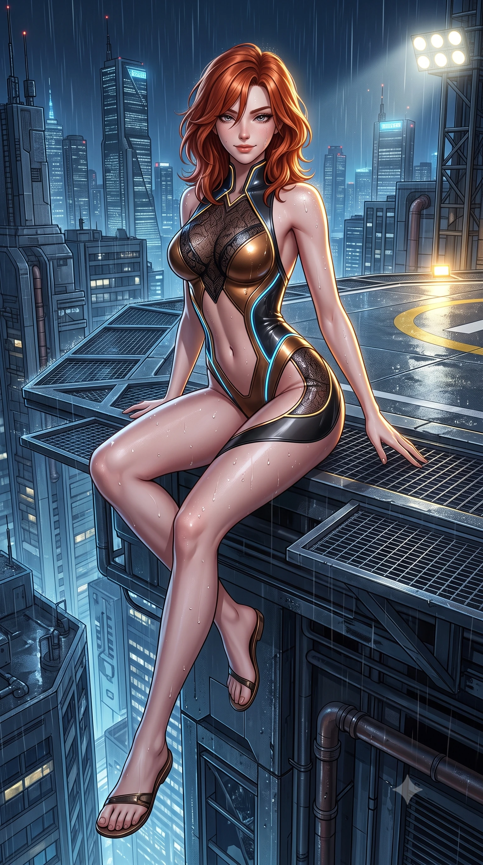 score_9, masterpiece, best quality, ultra-detailed, high-budget anime keyframe, semi-realistic 3D game render, editorial fashion photography, tasteful artistic composition, Korean woman. low angle full-body shot from head to toe showing her feet, filling the entire 9:16 vertical frame with her statuesque presence, stretching her vertical silhouette. sitting perched on the elevated maintenance gantry edge with legs crossed and hips angled toward the camera, displaying her toned midriff and long slender limbs with joyful, coquettish charm while twisting her slender torso in an alluring S-curve as warm cyber-city rain glistens on her tight suit, highlighting her curvy hips and waist. The surrounding environment is rendered in vivid detail and crisp panoramic clarity: detailed wet-look suit texture, water droplet beads on skin, and futuristic Seoul skyline architecture in high resolution. She has an absolutely perfect, statuesque 8.5-heads proportion, an exceptionally tall and slender model-like female figure with impossibly long slender legs, an ultra-slim waist, a flat toned midriff, narrow delicate ribcage, and beautifully sculpted feminine hips creating a graceful, slim hourglass silhouette without any bulky heaviness. sharp v-shaped jawline, high-bridge nose, intricate jewel-like sparkling eyes with depth, thick eyelashes, glossy parted lips with a natural sheen, bright confident smile with an enchanting and coquettish sensual glint, exuding both youthful magnetic charm and sovereign high-tech allure, flawlessly proportioned anatomical accuracy, strict slender model proportions, natural body alignment, perfectly sculpted long slender limbs, ultra-slim waistline, clean dynamic posture without body distortion. wearing a sheer technical lace and carbon composite bodysuit with architectural cup boning and open back in burnished bronze alloy and smoked glass black, made of smooth liquid latex with high-contrast stereoscopic depth and wet shine, accented with glowing neon fiber-optic piping tracing her spine and hip lines, the precision-cut side openings and low-back scoop framing her graceful spine and the sensual sweep of her slim, toned hips. illuminated by helipad floodlights and sharp golden rim lights defining her sculpted collarbones, ultra-slim waist, and curvy hips. highly saturated vibrant anime colors, detailed shading with soft gradients, rich glossy textures, high-contrast stereoscopic depth, volumetric dynamic lighting, master piece, 9:16 ratio