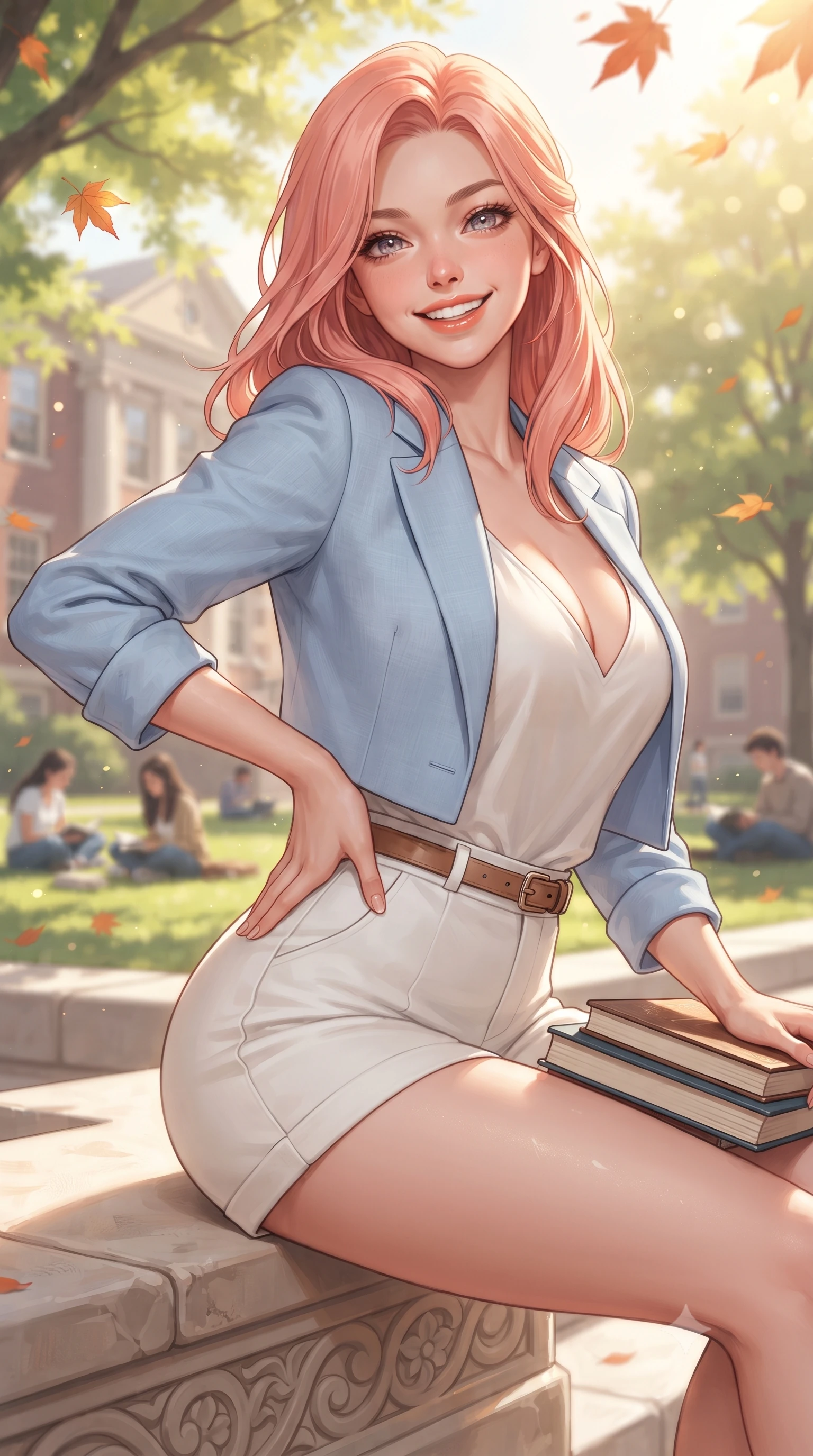 score_9, masterpiece, best quality, ultra-detailed, high-budget anime keyframe, editorial fashion photography, tasteful artistic composition, Japanese woman. close-up cowboy shot from the waist and thighs up, the character dominates the composition, filling the frame with her large presence. tilting her head with a cute beaming smile while arching her spine with effortless dancer poise, one hand sliding along her hip line in a flirtatious S-curve while sitting perched on the carved limestone steps of the historic academic hall with books on her lap, arching her back with a radiant, flirtatious smile. The composition keeps background elements in soft focus with dreamy creamy bokeh. students resting on lawns and fluttering maple leaves softened in nostalgic campus shallow focus. She has an exceptionally elegant, slender, and willowy female figure with an ultra-slim waist, flat toned midriff, narrow ribcage, and sculpted feminine hips creating an alluring, slim hourglass silhouette without bulk. sharp v-shaped jawline, high-bridge nose, intricate jewel-like sparkling eyes with depth, thick eyelashes, glossy parted lips with a natural peach sheen, bright cheerful beaming smile with an enchanting and coquettish sensual glint, exuding both youthful cute charm and seductive allure, flawlessly proportioned anatomical accuracy, strict slender model proportions, natural body alignment, perfectly sculpted long slender limbs, ultra-slim waistline, clean dynamic posture without body distortion. wearing a chic cropped linen blazer worn with a plunging-V camisole and high-waisted tailored hot-pants showcasing her long slender legs in soft baby blue and crisp cloud white, tailored from crisp cotton poplin with clean structural lines, finished with criss-cross back satin straps highlighting her graceful shoulder blades, the form-contouring cut accentuating her sculpted flat midriff, narrow delicate ribcage, and gracefully curvy hips with supermodel precision. bathed in brilliant sunny afternoon light streaming through lush canopy trees. ultra-reflective glossy finish, specular highlights, rich textural contrasts, high-contrast stereoscopic depth, volumetric dynamic lighting, 2k, ultra detail, master piece, 9:16 ratio
