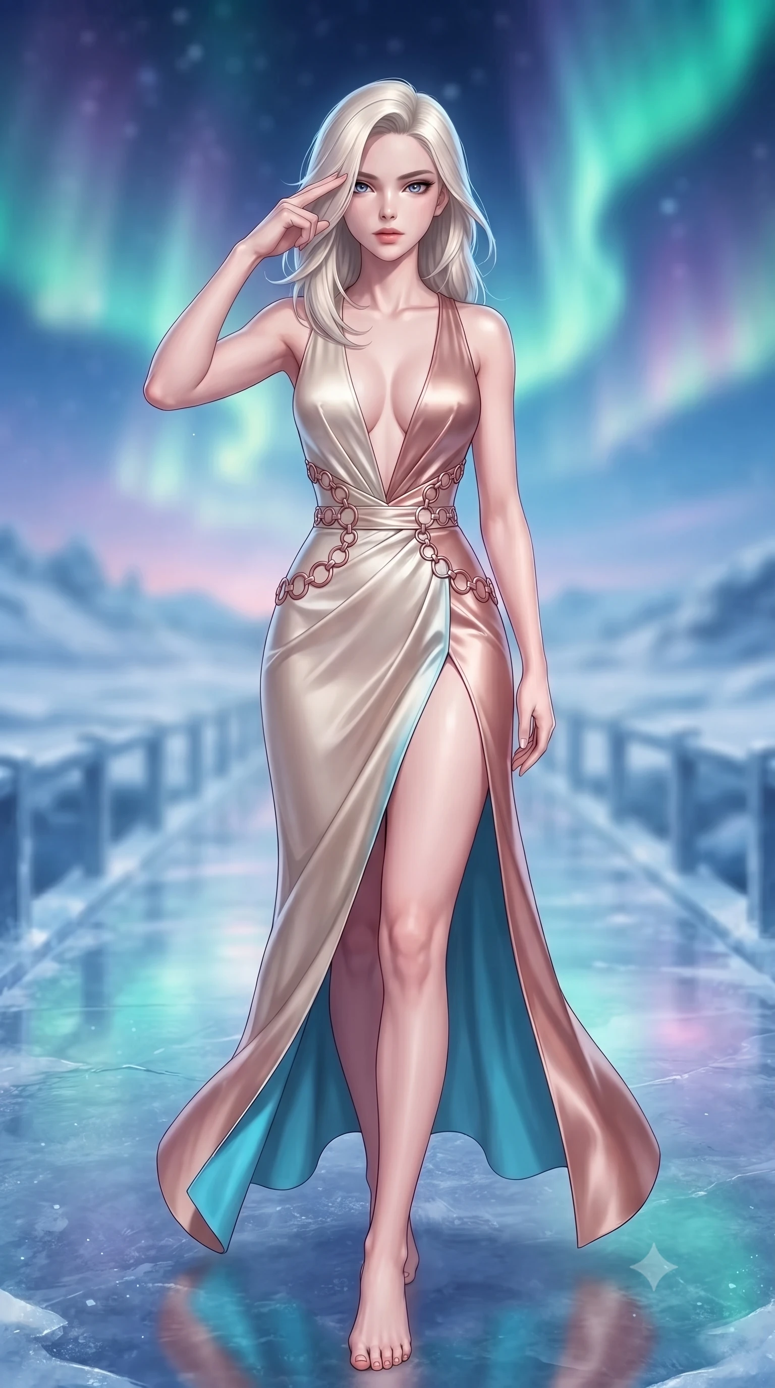 score_9, masterpiece, best quality, ultra-detailed, high-budget anime keyframe, editorial fashion photography, tasteful artistic composition, Caucasian woman. close-up cowboy shot from the waist and thighs up, the character dominates the composition, filling the frame with her large presence, background elements kept in soft focus. Pressing two fingers to her temple in a composed, sharp thoughtful gesture, stepping along an ice-paved bridge reflecting shifting aurora colors, statuesque presence stretching her vertical 9:16 framing. She has an exceptionally elegant, slender, and willowy female figure with an ultra-slim waist, a gracefully sculpted slender torso, and a refined silhouette. sharp v-shaped jawline, high-bridge nose, intricate jewel-like eyes with depth, thick eyelashes, glossy lips with a natural sheen. wearing deep plunging V-neckline champagne silk gown with daring high thigh slit in sky blue turquoise, made of soft rose-gold satin, trimmed with rose-gold ring hardware along the waist contours, accentuating her gracefully sculpted slender torso. bathed in cold silver starlight and vibrant polar light reflections. highly saturated vibrant anime colors, detailed shading with soft gradients, rich glossy textures, high-contrast stereoscopic depth, volumetric dynamic lighting, master piece, 9:16 ratio
