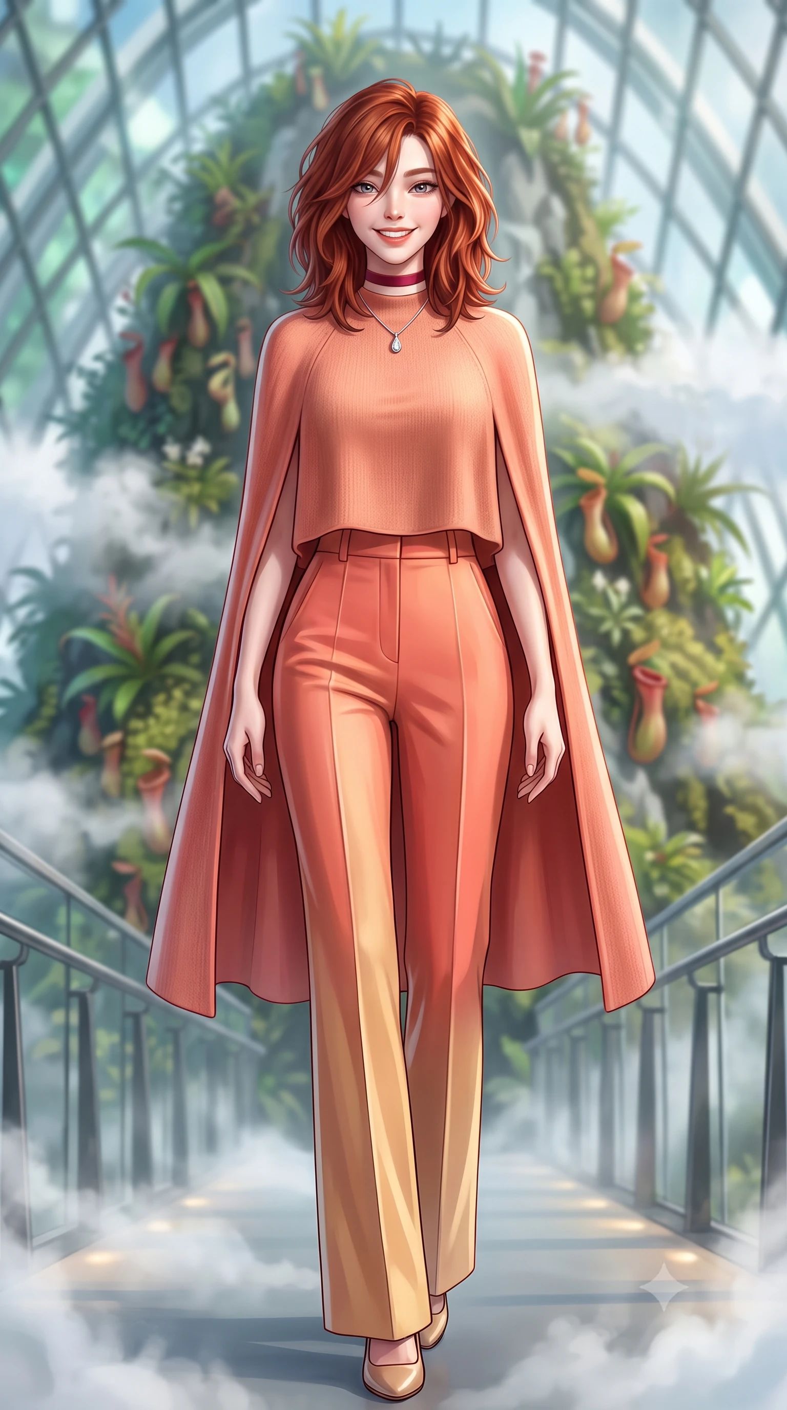 score_9, masterpiece, best quality, ultra-detailed, high-budget anime keyframe, semi-realistic 3D game render, editorial fashion photography, tasteful artistic composition, Korean woman. low angle full-body shot from head to toe showing her feet, filling the entire 9:16 vertical frame with her statuesque presence, stretching her vertical silhouette. stepping slowly toward the camera with hypnotic grace, hips swaying in an alluring sensual rhythm that accentuates her curvy hourglass silhouette and long slender legs while standing poised on the high-level mist catwalk suspended inside the soaring glass mountain dome, arching her lower back as billowing cool cloud mist wraps around her silhouette. The background shows a soft-focus towering 35-meter man-made mountain densely covered in tropical epiphytes and pitcher plants, swirling white cloud mist, and glass dome ribs blurred into jade, emerald, and silver bokeh. She has an exceptionally tall and slender model-like 8.5-heads proportion, an ultra-slim waist, a flat toned midriff, narrow delicate ribcage, and beautifully sculpted feminine hips creating a graceful, slim hourglass silhouette without any bulky heaviness, with impossibly long slender legs. sharp v-shaped jawline, high-bridge nose, intricate jewel-like sparkling eyes with depth, thick eyelashes, glossy parted lips with a natural peach sheen, bright cheerful beaming smile with an enchanting and coquettish sensual glint, exuding both youthful cute charm and seductive allure, flawlessly proportioned anatomical accuracy, strict slender model proportions, natural body alignment, perfectly sculpted long slender limbs, ultra-slim waistline, clean dynamic posture without body distortion. wearing a bespoke high-neck cashmere knit cape coat paired with tailored wide-leg wool trousers in Palm Springs desert sunset coral and warm honey champagne, tailored from ultra-plush silk velvet with rich tactile depth and deep shadow gradients, finished with a thin velvet ribbon choker and a single teardrop diamond pendant, the bespoke structured tailoring following the natural line of her 8.5-heads silhouette with refined elegance. bathed in the cool 5000K daylight-white mist illumination mixed with warm 2700K pathway architectural spot LEDs. highly saturated vibrant anime colors, detailed shading with soft gradients, rich glossy textures, high-contrast stereoscopic depth, volumetric dynamic lighting, master piece, 9:16 ratio