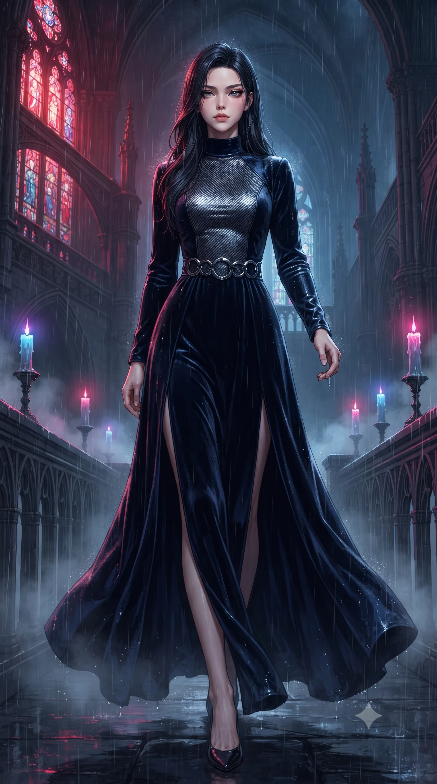 score_9, masterpiece, best quality, ultra-detailed, high-budget anime keyframe, editorial fashion photography, tasteful artistic composition, Korean woman. low angle full-body shot from head to toe showing her feet, filling the entire 9:16 vertical frame with her statuesque presence, stretching her vertical silhouette. forging confidently through the dark atmospheric mist, holding a poised statuesque stance, navigating a rain-slicked dark cathedral balcony with floating cybernetic candles, dark velvet shadows wrapping around her sleek vertical form. She has an absolutely perfect, statuesque 8.5-heads proportion, an exceptionally tall and slender model-like female figure with impossibly long slender legs and an ultra-slim waist. sharp v-shaped jawline, high-bridge nose, intricate jewel-like eyes with depth, thick eyelashes, glossy lips with a natural sheen. wearing floor-length high-neck midnight navy velvet gown with long sleeves in metallic dark silver, made of matte carbon-fiber weave, accented with sculpted obsidian chrome rings at the waist, accentuating her gracefully sculpted slender torso. illuminated by dramatic blood-crimson window light and deep obsidian shadows. ultra-reflective glossy finish, specular highlights, metallic sheen, high-contrast stereoscopic depth, volumetric dynamic lighting, 2k, ultra detail, master piece, 9:16 ratio