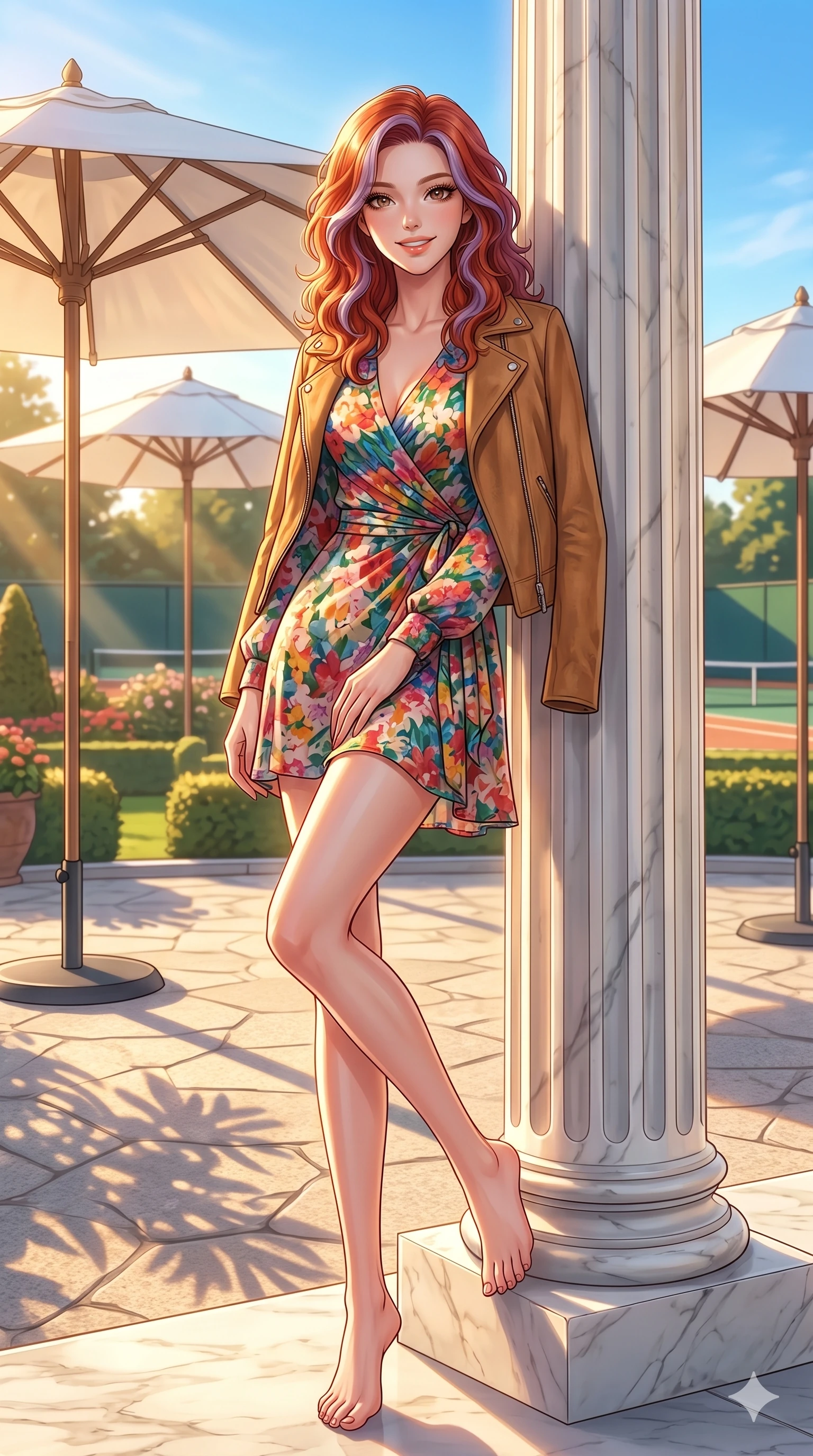 score_9, masterpiece, best quality, ultra-detailed, high-budget anime keyframe, vibrant anime aesthetic, Caucasian woman, strictly human ears. low angle full-body shot from head to toe showing her feet, filling the entire 9:16 vertical frame with her statuesque presence, stretching her vertical silhouette. She is leaning against a marble pillar, casting a lively, smiling gaze at the lens by a high-end tennis club patio with white umbrellas under a brilliant sky (Code-P20-018). She has an absolutely perfect 8-heads proportion, an exceptionally tall and slender female figure with impossibly long slender legs and an ultra-slim waist. V-shaped jawline, high-bridge nose, intricate jewel-like eyes with depth, thick eyelashes, glossy lips with a natural sheen. wearing a floral print wrap dress with long sleeves and a suede jacket. She is drenched in warm afternoon sunbeams, casting soft garden shadows on her skin. 2k, ultra detail, master piece, 9:16 ratio