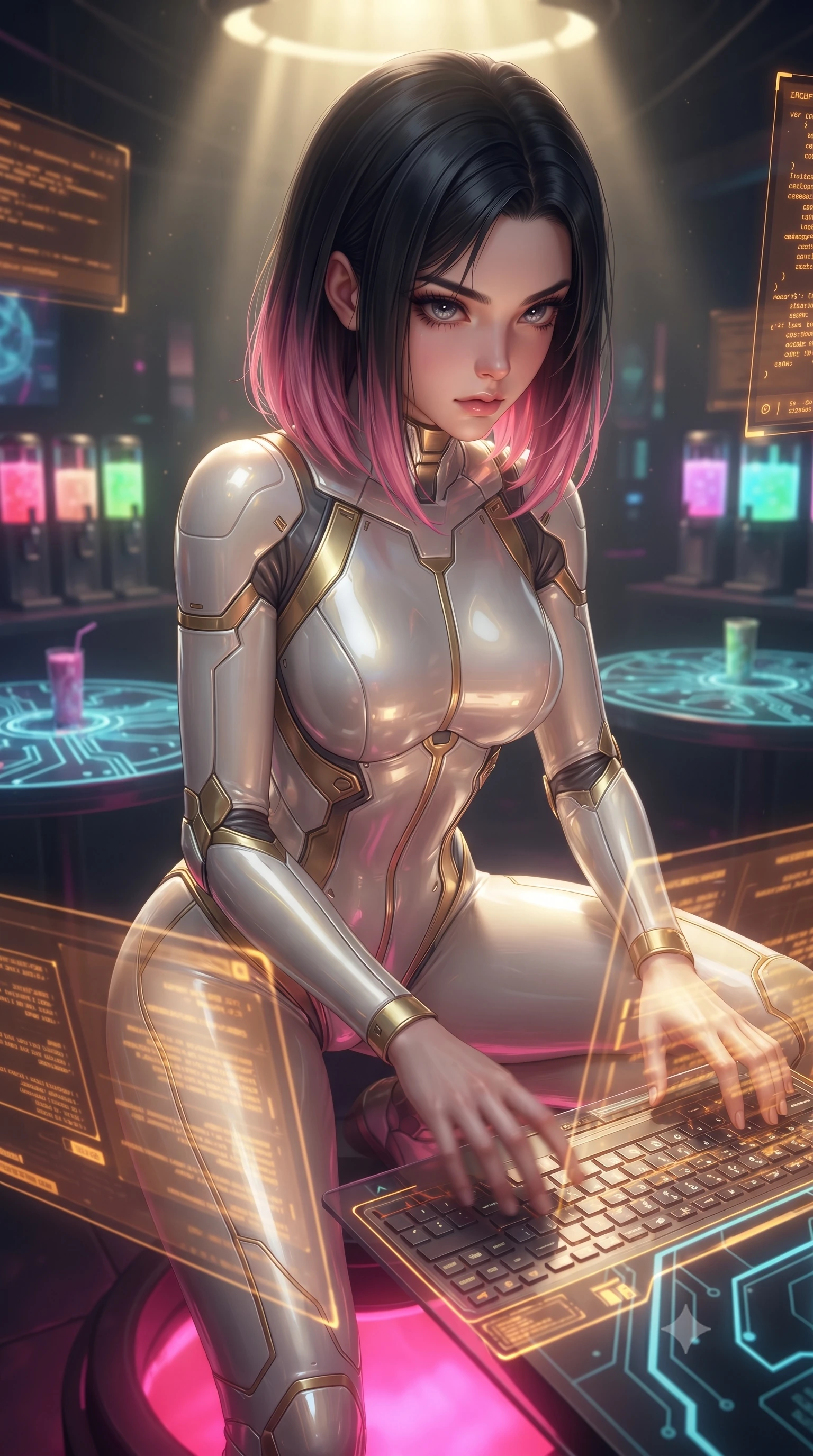 score_9, masterpiece, best quality, ultra-detailed, high-budget anime keyframe, editorial fashion photography, tasteful artistic composition, realistic cosplay photography, Korean woman. close-up cowboy shot from the waist and thighs up, the character dominates the composition, filling the frame with her large presence, background elements kept in soft focus. Hacking a security terminal in a low crouch, fingers moving in a blur as amber code screens surround her. set against a soft-focus background of a dark bar catering to cybernetic mercenaries, featuring glowing tables and neon drink dispensers. She has an exceptionally elegant and slender, willowy female figure with an ultra-slim waist, a gracefully sculpted slender torso, and a refined slim physique. sharp v-shaped jawline, high-bridge nose, intricate jewel-like eyes with depth, thick eyelashes, glossy lips with a natural sheen. wearing catching and diffusing the glowing particles, shimmering softly in response to the surrounding light, a body-hugging form-contouring white and gold nanotech bodysuit with a high neckline, detailed with structured plates outlining her slender torso. dramatic contrast of hot pink furnace glow from below and cool golden light from above. ultra-reflective glossy finish, specular highlights, metallic sheen, high-contrast stereoscopic depth, volumetric dynamic lighting, 2k, ultra detail, master piece, 9:16 ratio
