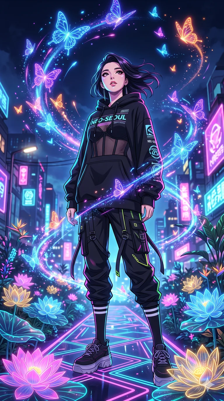 score_9, masterpiece, best quality, ultra-detailed, High-budget Anime Keyframe, vibrant colors, fluid line-art, expressive lighting, cinematic composition, Ufotable-style visual effects, top-tier animation quality, Korean woman with idol-like refined features. Low angle cowboy shot filling the entire 9:16 frame with her statuesque presence, looking up to emphasize her height. Surrounded by a swarm of digital butterflies that leave trails of neon dust. She has an absolutely perfect 8-heads proportion, an exceptionally tall and slender female figure with impossibly long slender legs and an ultra-slim waist, her statuesque height and towering silhouette dominating the vertical 9:16 frame. Her face is a masterpiece featuring a sharp v-shaped jawline, high-bridge nose, intricate jewel-like eyes with depth, thick eyelashes, and glossy lips with a natural sheen. She is wearing a Oversized designer hoodie worn as a dress, paired with technical cargo joggers, a sheer corset top, and platform sneakers with knee-high socks.. The scene is set in a digital garden filled with holographic lotus flowers and neon butterflies. 2k, ultra detail, master piece, 9:16 ratio