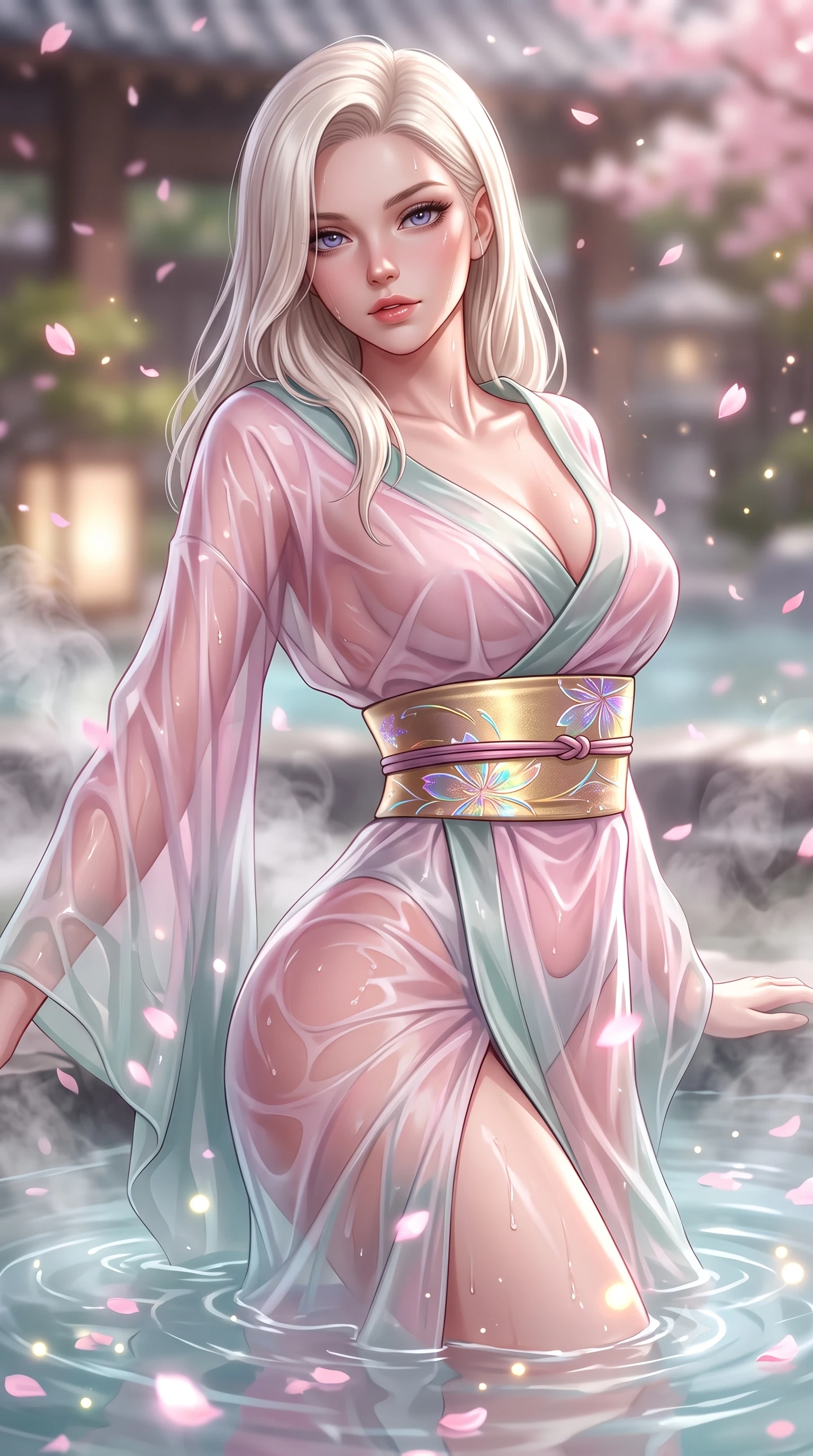score_9, masterpiece, best quality, ultra-detailed, high-budget anime keyframe, semi-realistic 3D game render, editorial fashion photography, tasteful artistic composition, Caucasian woman. close-up cowboy shot from the waist and thighs up, the character dominates the composition, filling the frame with her large presence. leaning back with relaxed seductive grace, her sculpted collarbones and narrow waist highlighted as she casts smoldering bedroom-eyes directly into the camera while wading through the thermal mineral pool beneath falling pink sakura petals, arching her spine in pure pleasure as steam curls around her waist. The composition keeps background elements in soft focus with creamy bokeh. thermal pool ripple caustics and drifting sakura petals scattering soft luminous light motes. She has an exceptionally elegant, slender, and willowy female figure with an ultra-slim waist, a gracefully sculpted slender torso, toned flat midriff, and rounded feminine hips creating an alluring hourglass silhouette. sharp v-shaped jawline, high-bridge nose, intricate jewel-like eyes with depth, thick eyelashes, glossy parted lips with a natural sheen, intensely captivating and seductive bedroom-eyes expression, flawlessly proportioned anatomical accuracy, strict slender model proportions, natural body alignment, perfectly sculpted long slender limbs, ultra-slim waistline, clean dynamic posture without body distortion. wearing a delicate semi-translucent silk yukata that clings to her wet skin and curvy hip contours in lotus petal pink and jade mist, woven from sheer cascading chiffon that ripples like water, complemented by a wide metallic gold obi sash with holographic floral embroidery, the precision-cut side openings and low-back scoop framing her graceful spine and the sensual sweep of her hips. illuminated by wet specular reflections accentuating her sculpted collarbones, narrow waist, and curvy hips. highly saturated vibrant anime colors, detailed shading with soft gradients, rich glossy textures, high-contrast stereoscopic depth, volumetric dynamic lighting, master piece, 9:16 ratio