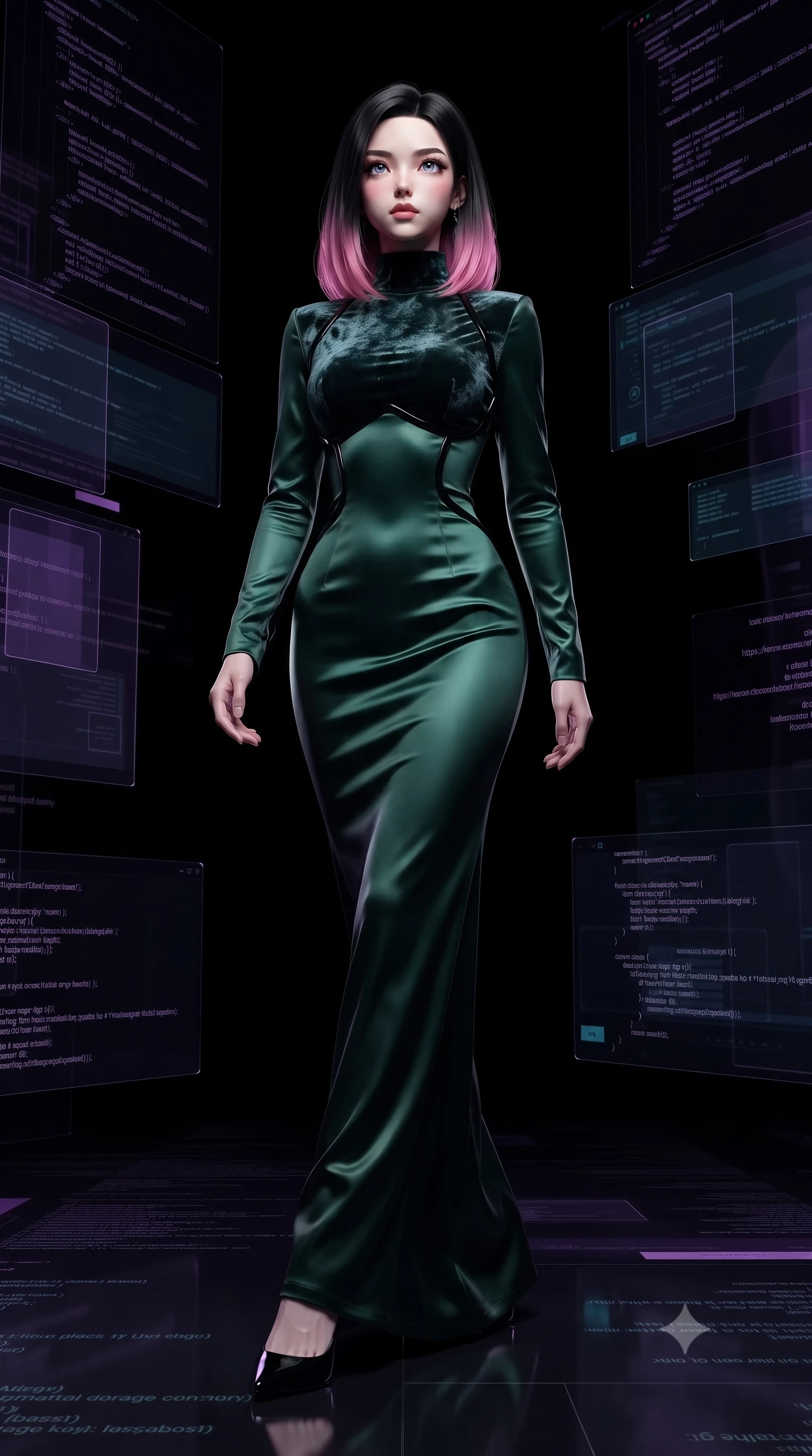 score_9, masterpiece, best quality, ultra-detailed, high-budget anime keyframe, editorial fashion photography, tasteful artistic composition, Korean woman. low angle full-body shot from head to toe showing her feet, filling the entire 9:16 vertical frame with her statuesque presence, stretching her vertical silhouette. navigating the midnight sanctuary with an effortless, graceful stride, standing inside a pitch-black digital void filled with dark purple holographic code streams, translucent dark glass interfaces casting subtle violet key light. She has an absolutely perfect, statuesque 8.5-heads proportion, an exceptionally tall and slender model-like female figure with impossibly long slender legs and an ultra-slim waist. sharp v-shaped jawline, high-bridge nose, intricate jewel-like eyes with depth, thick eyelashes, glossy lips with a natural sheen. wearing long-sleeved dark emerald satin gown with high structured neckline in pitch-black onyx, made of crushed dark silk velvet, adorned with minimalist black onyx hardware framing the silhouette, highlighting her statuesque proportions and ultra-slim waistline. illuminated by dark purple and cyan holographic data rays against a black void. ultra-reflective glossy finish, specular highlights, metallic sheen, high-contrast stereoscopic depth, volumetric dynamic lighting, 2k, ultra detail, master piece, 9:16 ratio