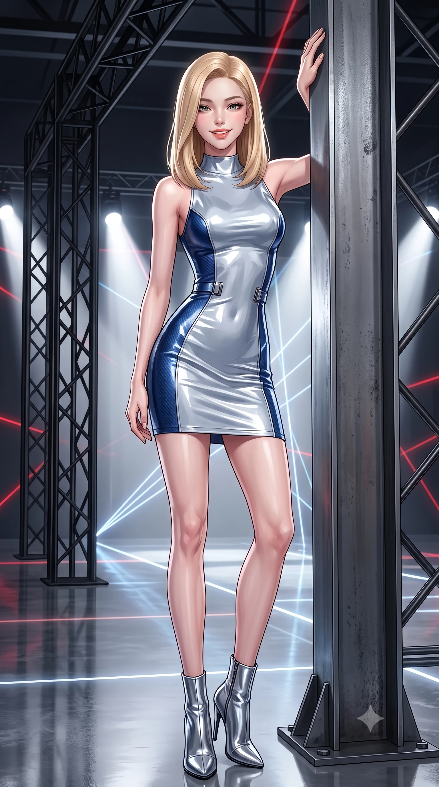 score_9, masterpiece, best quality, ultra-detailed, high-budget anime keyframe, editorial fashion photography, tasteful artistic composition, Korean woman. low angle full-body shot from head to toe showing her feet, filling the entire 9:16 vertical frame with her statuesque presence, stretching her vertical silhouette. standing tall beside the architectural column, one hand resting high while arching her lower back to emphasize her sculpted feminine hips and slender waist while leaning against the raw steel support column with hips cocked back, looking through geometric laser projections with intoxicating bedroom-eyes. The surrounding environment is rendered in vivid detail and crisp panoramic clarity: sharp black matte steel trusses, mirror-polished industrial epoxy floor reflections, and crisp laser projection lines in deep focus. She has an exceptionally tall and slender model-like 8.5-heads proportion, an ultra-slim waist, a flat toned midriff, narrow delicate ribcage, and beautifully sculpted feminine hips creating a graceful, slim hourglass silhouette without any bulky heaviness, with impossibly long slender legs. sharp v-shaped jawline, high-bridge nose, intricate jewel-like sparkling eyes with depth, thick eyelashes, glossy parted lips with a natural peach sheen, bright cheerful beaming smile with an enchanting and coquettish sensual glint, exuding both youthful cute charm and seductive allure, flawlessly proportioned anatomical accuracy, strict slender model proportions, natural body alignment, perfectly sculpted long slender limbs, ultra-slim waistline, clean dynamic posture without body distortion. wearing an ultra-sleek high-gloss patent leather sheath dress contouring her ultra-slim waistline and feminine hips in Shackleton lunar ice silver and Earthrise cobalt, woven from structured carbon-fiber jacquard with rich textural depth, finished with sleek magnetic buckle closures fluttering in the breeze, the glove-like clinging cut tightly following the natural contour of her hips and long slender legs with youthful 8.5-heads elegance. bathed in high-contrast crisp white 5000K runway spotlights contrasted with subtle red ambient laser ribbons. ultra-reflective glossy finish, specular highlights, rich textural contrasts, high-contrast stereoscopic depth, volumetric dynamic lighting, 2k, ultra detail, master piece, 9:16 ratio