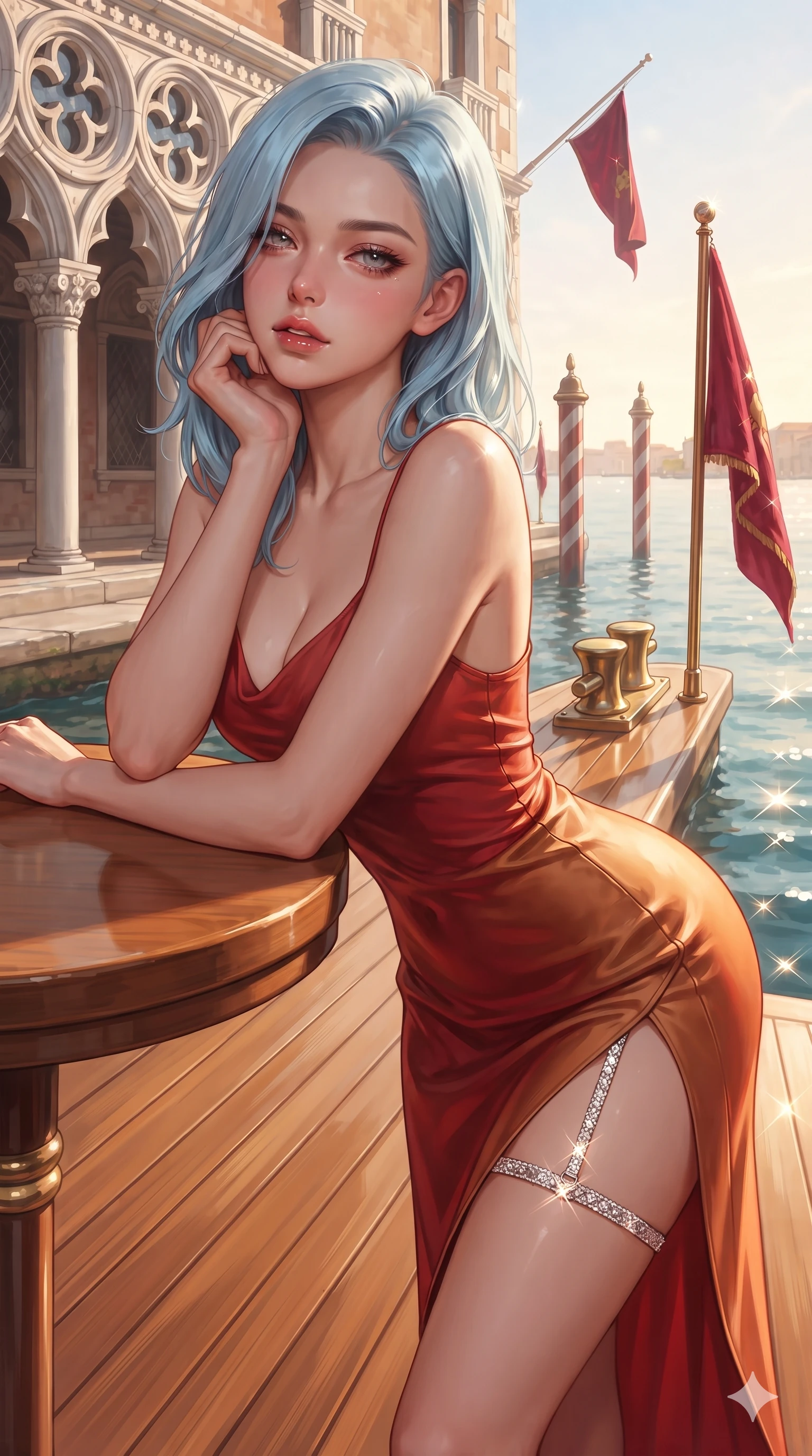 score_9, masterpiece, best quality, ultra-detailed, high-budget anime keyframe, editorial fashion photography, tasteful artistic composition, Korean woman. close-up cowboy shot from the waist and thighs up, the character dominates the composition, filling the frame with her large presence. resting one elbow on the table and supporting her chin, leaning close to the camera with heavy-lidded sparkling eyes and parted lips while standing poised on the polished wooden regatta pier as crimson velvet mooring pennants flutter in the maritime breeze, arching her lower back with sovereign supermodel grace. The surrounding environment is rendered in vivid detail and crisp panoramic clarity: sharp carved gothic cloverleaf arcade reliefs, polished brass mooring cleats, and crystalline water wake speculars in deep focus. She has an exceptionally elegant, slender, and willowy female figure with an ultra-slim waist, flat toned midriff, narrow ribcage, and sculpted feminine hips creating an alluring, slim hourglass silhouette without bulk. sharp v-shaped jawline, high-bridge nose, intricate jewel-like sparkling eyes with depth, thick eyelashes, glossy parted lips with a natural sheen, intensely captivating and seductive bedroom-eyes expression, exuding both youthful cute charm and sovereign luxury allure, flawlessly proportioned anatomical accuracy, strict slender model proportions, natural body alignment, perfectly sculpted long slender limbs, ultra-slim waistline, clean dynamic posture without body distortion. wearing a form-contouring gossamer silk chiffon slip dress with a hip-high slit and open cowl back clinging with dewy moisture in imperial vermilion silk and warm bronze, woven from buttery-soft stretch lambskin leather adhering to her body like a second skin, finished with delicate crystal-encrusted thigh garter straps glinting in the dim light, the form-contouring material adhering flawlessly to her sculpted flat midriff and slender torso, emphasizing her long leg lines and perfectly proportioned willowy build. bathed in the warm radiant 2700K morning sunlight reflecting off the canal ripples with crisp specular glints. ultra-reflective glossy finish, specular highlights, rich textural contrasts, high-contrast stereoscopic depth, volumetric dynamic lighting, 2k, ultra detail, master piece, 9:16 ratio