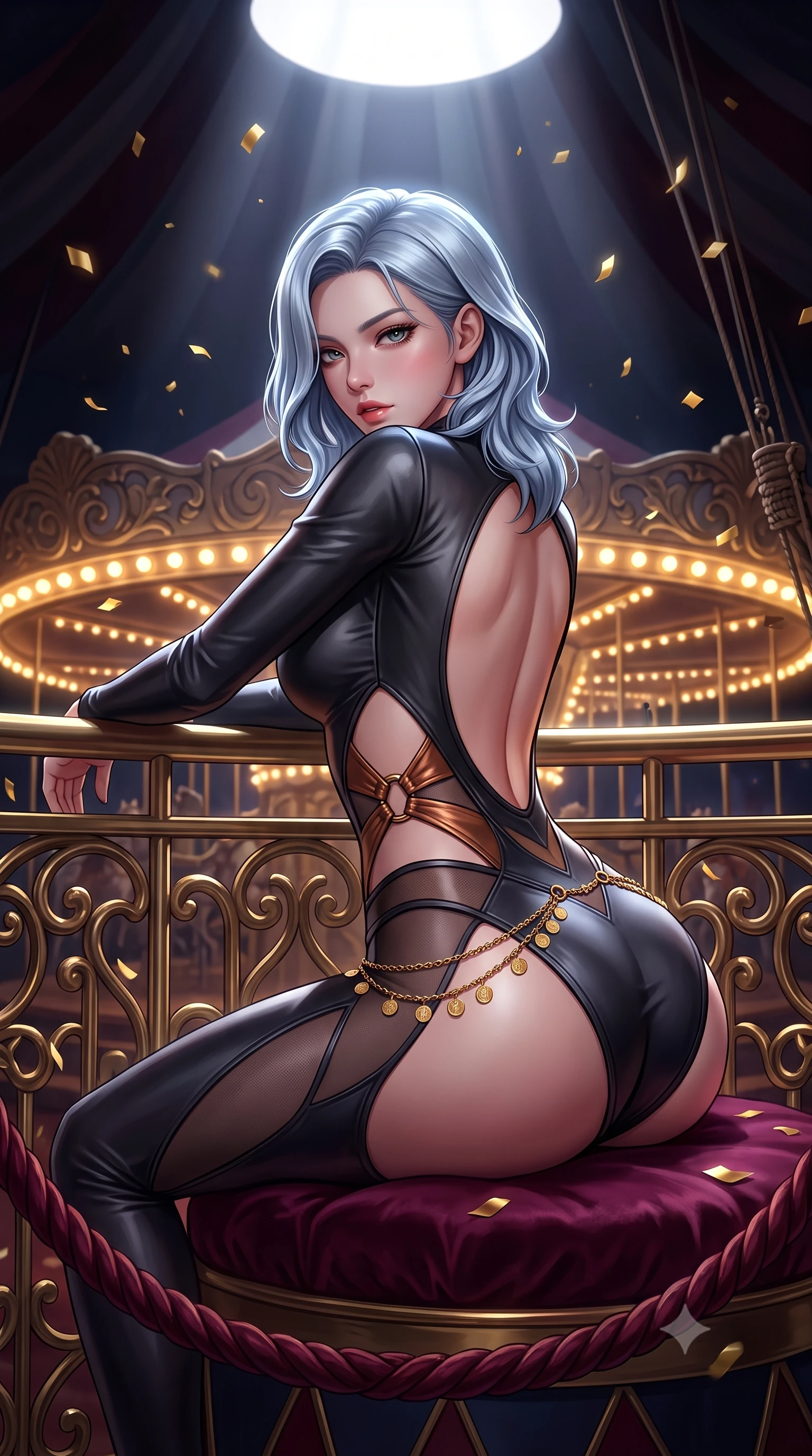 score_9, masterpiece, best quality, ultra-detailed, high-budget anime keyframe, semi-realistic 3D game render, editorial fashion photography, tasteful artistic composition, Korean woman. close-up cowboy shot from the waist and thighs up, the character dominates the composition, filling the frame with her large presence. leaning forward against the polished railing with her hips cocked back, creating an intoxicating curve from her narrow waist to sculpted hips as she gazes back into the lens while reclining languidly on a velvet ring cushion inside the dark circus tent, spine arched in an alluring S-curve as gold confetti flutters around her. The surrounding environment is rendered in vivid detail and crisp panoramic clarity. sharp carved carousel filigree, velvet rope braid textures, and circus platform rigging in deep focus. She has an exceptionally elegant, slender, and willowy female figure with an ultra-slim waist, a gracefully sculpted slender torso, toned flat midriff, and rounded feminine hips creating an alluring hourglass silhouette. sharp v-shaped jawline, high-bridge nose, intricate jewel-like eyes with depth, thick eyelashes, glossy parted lips with a natural sheen, intensely captivating and seductive bedroom-eyes expression, flawlessly proportioned anatomical accuracy, strict slender model proportions, natural body alignment, perfectly sculpted long slender limbs, ultra-slim waistline, clean dynamic posture without body distortion. wearing a second-skin black leather acrobatic bodysuit with side-waist diamond cutouts and gold ring clasps in dark smoky charcoal and metallic copper, made of stretchy athletic knit with sheer mesh cutout inserts, accented with a delicate gold coin waist chain framing her feminine hip curve, the dramatically scooped open back descending to the base of her spine, accentuating her razor-sharp statuesque lines and curvy hourglass silhouette. bathed in dramatic overhead circular spotlight beams and warm golden carousel perimeter glow. highly saturated vibrant anime colors, detailed shading with soft gradients, rich glossy textures, high-contrast stereoscopic depth, volumetric dynamic lighting, master piece, 9:16 ratio
