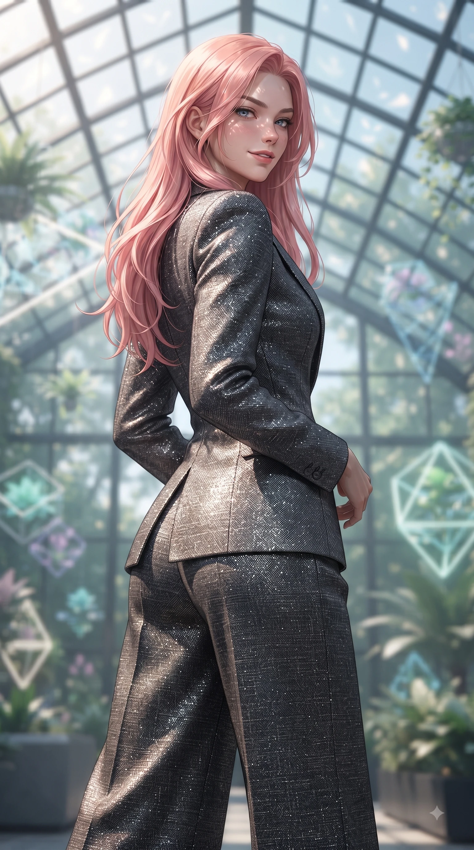 score_9, masterpiece, best quality, ultra-detailed, high-budget anime keyframe, editorial fashion photography, tasteful artistic composition, Japanese woman woman. close-up cowboy shot from the waist and thighs up, the character dominates the composition, filling the frame with her large presence, background elements kept in soft focus. She has an exceptionally elegant, slender, and willowy female figure with an ultra-slim waist, a gracefully sculpted slender torso, and a refined silhouette. glancing sidelong over her shoulder with a smoldering, magnetic half-smile, flawlessly proportioned anatomical accuracy, natural body alignment, perfectly sculpted elegant limbs, clean dynamic posture without body distortion. set against a soft-focus background of a futuristic botanical pavilion with floating hologram plants. wearing a tailored charcoal tweed suit jacket with high-waisted wide trousers. bathed in dappled morning sunlight filtering through glass roof grid structures. ultra-reflective glossy finish, specular highlights, metallic sheen, high-contrast stereoscopic depth, volumetric dynamic lighting, 2k, ultra detail, master piece, 9:16 ratio