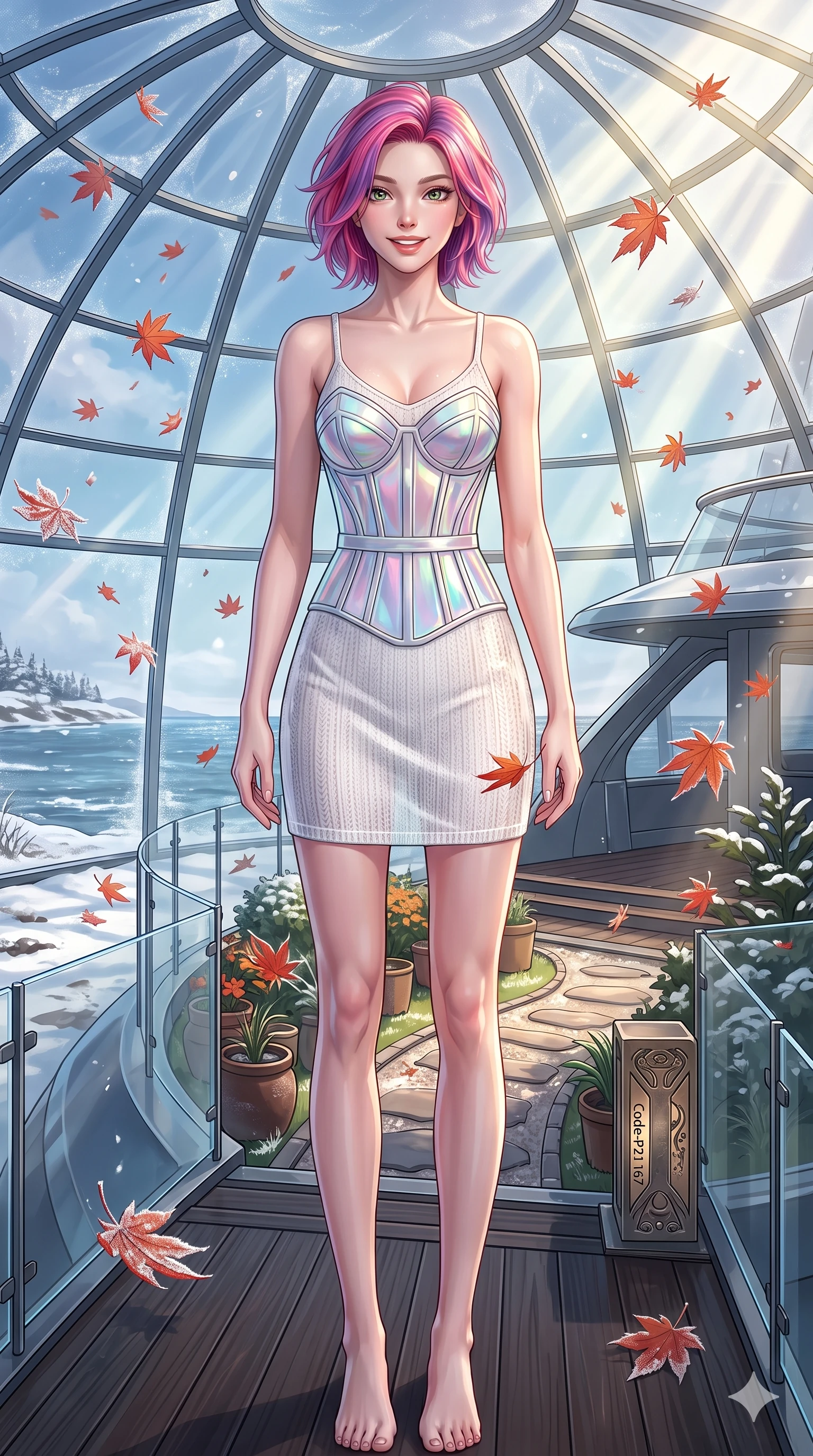 score_9, masterpiece, best quality, ultra-detailed, high-budget anime keyframe, vibrant anime aesthetic, Caucasian woman, strictly human ears. cowboy shot from the thighs up, character and outfit filling the frame for maximum presence. She is standing in a garden path, smiling delightfully as maples fall around her in winter on the deck of a sleek catamaran in the winter morning (Code-P21-167). She has an absolutely perfect 8-heads proportion, an exceptionally tall and slender female figure with impossibly long slender legs and an ultra-slim waist. V-shaped jawline, high-bridge nose, intricate jewel-like eyes with depth, thick eyelashes, glossy lips with a natural sheen. wearing a semi-opaque structured bodice over a white textured knit slip dress in winter. She is illuminated by dramatic, volumetric sunlight streaming through a glass atrium dome. 2k, ultra detail, master piece, 9:16 ratio