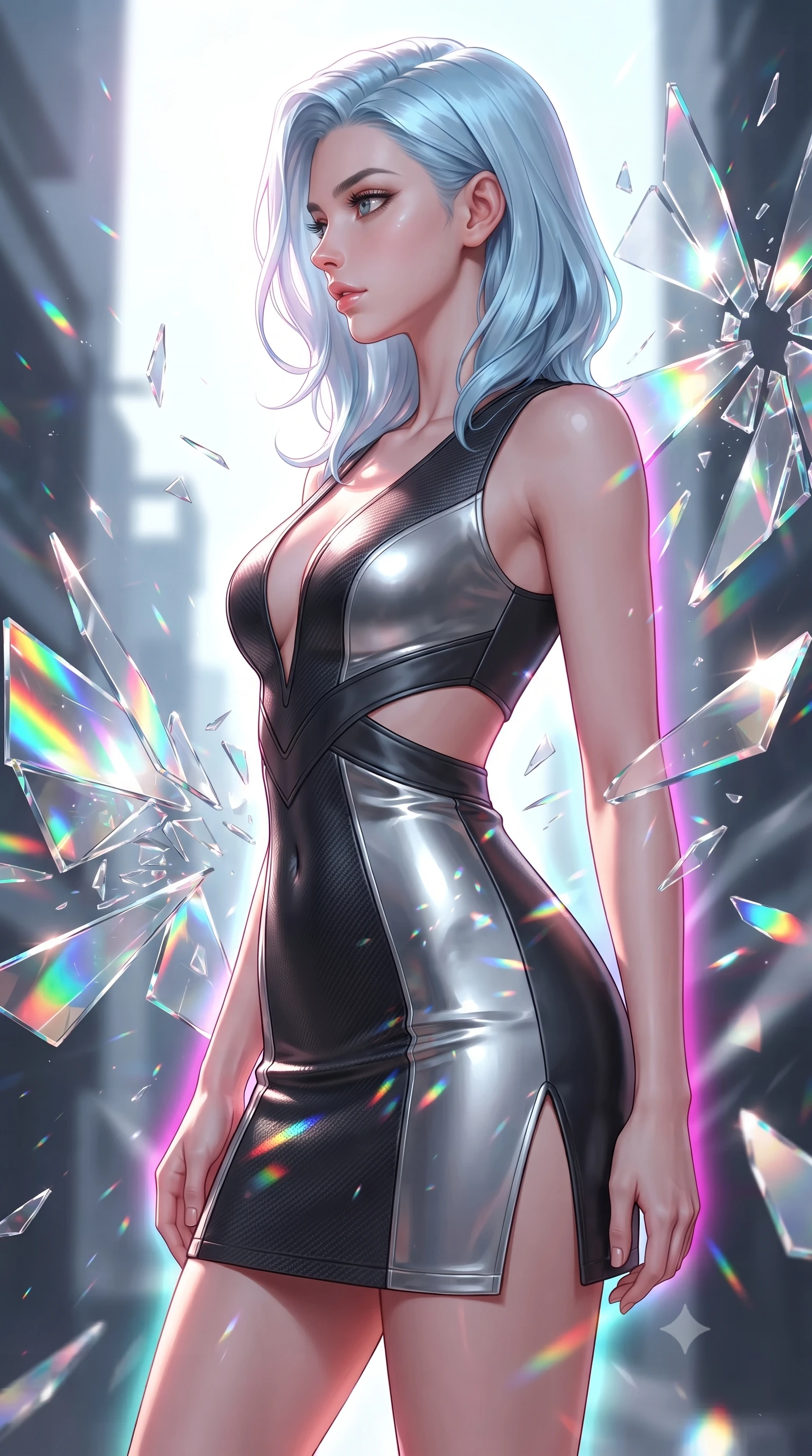 score_9, masterpiece, best quality, ultra-detailed, high-budget anime keyframe, editorial fashion photography, tasteful artistic composition, Korean woman. close-up cowboy shot from the waist and thighs up, the character dominates the composition, filling the frame with her large presence, background elements kept in soft focus. Turning her face in sharp dramatic profile against the bright light, showcasing her sharp v-shaped jawline surrounded by rotating shattered mirror sculptures reflecting bright acrylic colors, shattered mirror shards scattering brilliant rainbow reflections everywhere. She has an exceptionally elegant, slender, and willowy female figure with an ultra-slim waist, a gracefully sculpted slender torso, and a refined silhouette. sharp v-shaped jawline, high-bridge nose, intricate jewel-like eyes with depth, thick eyelashes, glossy lips with a natural sheen. wearing a liquid mercury gloss mini dress with ultra-deep V-neck and waist cutouts in matte black and polished silver, made of fine carbon-fiber weave and soft matte leather, finished with a sleek side slit ascending to mid-thigh, the glove-like fit emphasizing her statuesque silhouette. surrounded by a radiant glow of magenta and aqua fluid highlights. ultra-reflective glossy finish, specular highlights, metallic sheen, high-contrast stereoscopic depth, volumetric dynamic lighting, 2k, ultra detail, master piece, 9:16 ratio