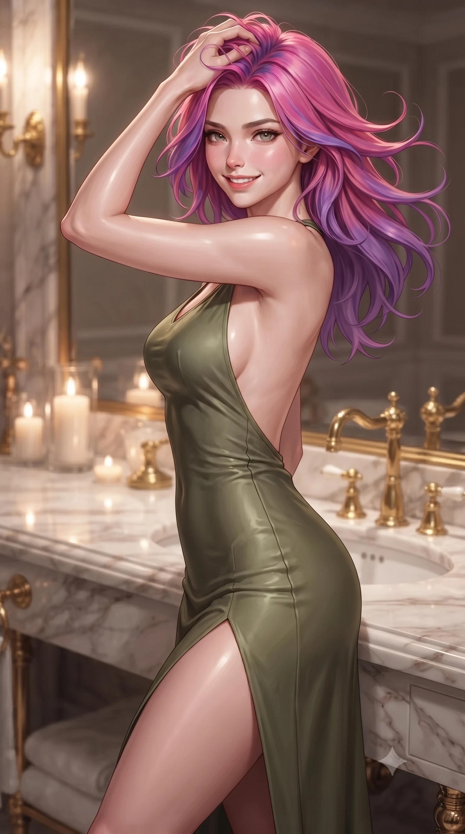 score_9, masterpiece, best quality, ultra-detailed, high-budget anime keyframe, editorial fashion photography, tasteful artistic composition, Caucasian woman. close-up cowboy shot from the waist and thighs up, the character dominates the composition, filling the frame with her large presence, background elements kept in soft focus. smiling with quiet, magnetic self-assurance directly into the camera, running a hand through her hair the background shows a soft-focus a high-end sleeper room with a marble bath vanity and gold plumbing fixtures. She has an exceptionally elegant, slender, and willowy female figure with an ultra-slim waist, a gracefully sculpted slender torso, and a refined silhouette. sharp v-shaped jawline, high-bridge nose, intricate jewel-like eyes with depth, thick eyelashes, glossy lips with a natural sheen. wearing a body-hugging dramatic open-back maxi dress in olive green, featuring a high thigh slit. soft candlelight reflecting off the marble and gold surfaces. ultra-reflective glossy finish, specular highlights, metallic sheen, high-contrast stereoscopic depth, volumetric dynamic lighting, 2k, ultra detail, master piece, 9:16 ratio