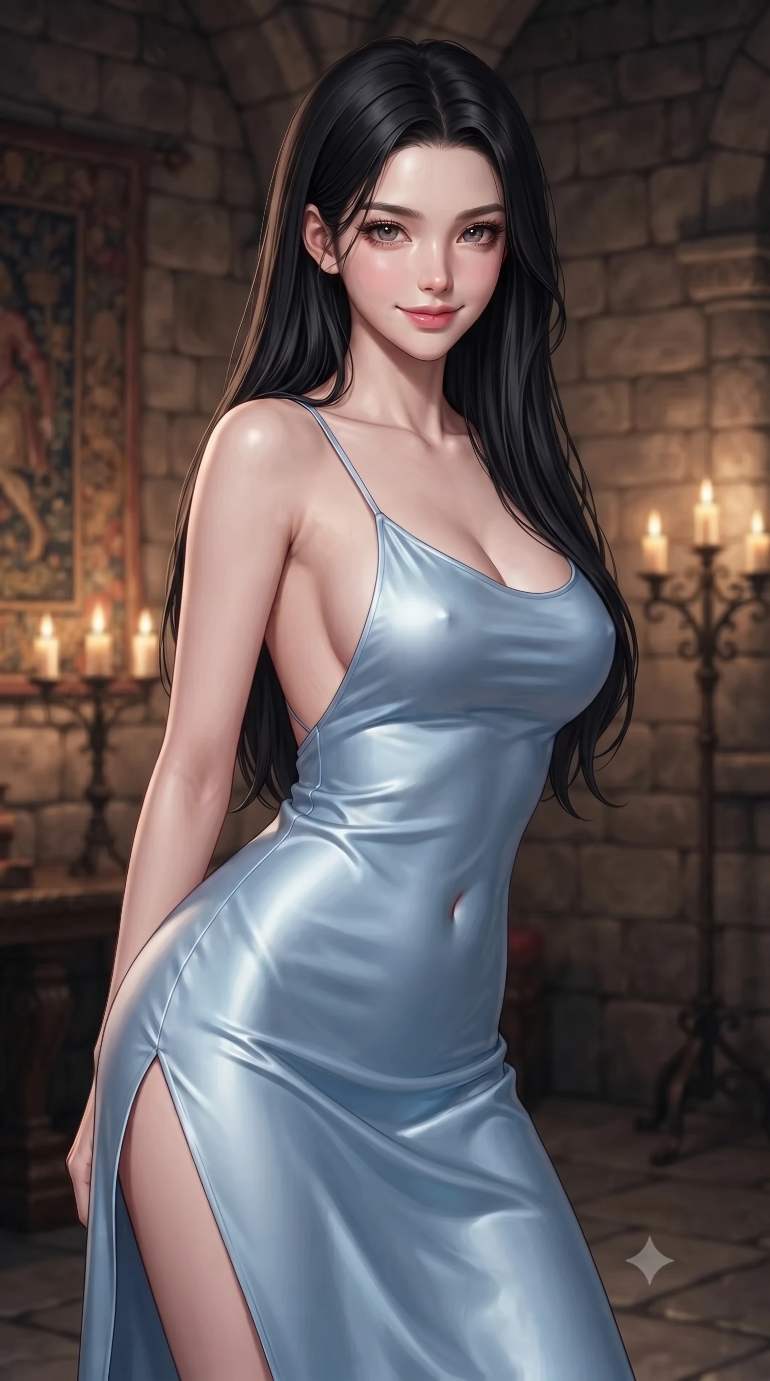 score_9, masterpiece, best quality, ultra-detailed, high-budget anime keyframe, editorial fashion photography, tasteful artistic composition, Korean woman woman. close-up cowboy shot from the waist and thighs up, the character dominates the composition, filling the frame with her large presence, background elements kept in soft focus. leaning slightly forward with a playful, teasing smile, her gaze locked onto the viewer the background shows a soft-focus an old stone castle chamber with tapestries and candle stands. She has an exceptionally elegant, slender, and willowy female figure with an ultra-slim waist, a gracefully sculpted slender torso, and a refined silhouette. sharp v-shaped jawline, high-bridge nose, intricate jewel-like eyes with depth, thick eyelashes, glossy lips with a natural sheen. wearing a body-hugging lightweight silk slip dress in baby blue with a high side slit and a low-cut back. warm flickering candle lights casting dramatic shadows on the stone walls. ultra-reflective glossy finish, specular highlights, metallic sheen, high-contrast stereoscopic depth, volumetric dynamic lighting, 2k, ultra detail, master piece, 9:16 ratio
