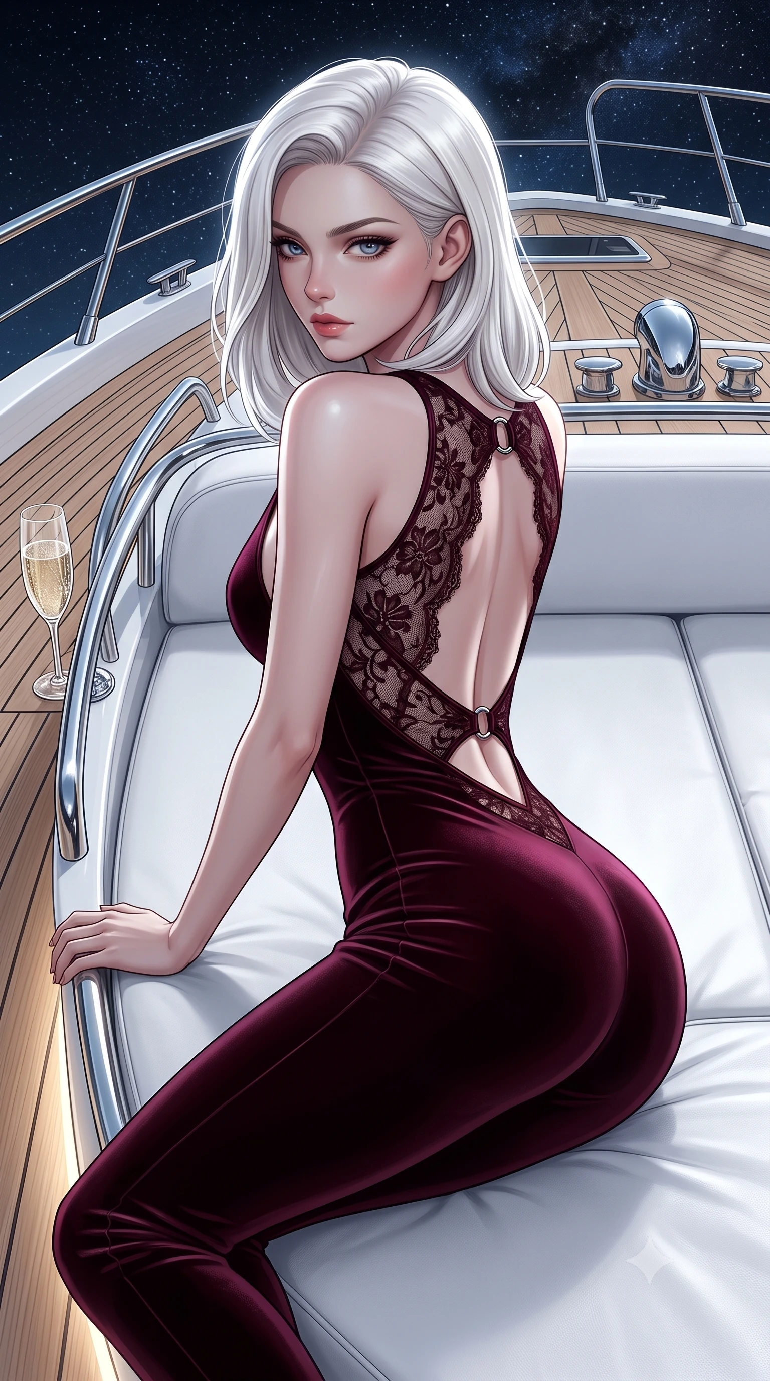 score_9, masterpiece, best quality, ultra-detailed, high-budget anime keyframe, editorial fashion photography, tasteful artistic composition, Caucasian woman. close-up cowboy shot from the waist and thighs up, the character dominates the composition, filling the frame with her large presence. posing in an alluring rear three-quarter angle, turning over a bare shoulder with an intoxicating, smoldering gaze, her hips cocked back to highlight her slim hourglass curve while reclining across an expansive white leather aft sunpad under the open starry sky, arching her spine with effortless sensual charisma. The surrounding environment is rendered in vivid detail and crisp panoramic clarity. sharp marine-grade teak deck seams, polished mirror-finish chrome fittings, and crystal champagne glass facets in deep focus. She has an exceptionally elegant, slender, and willowy female figure with an ultra-slim waist, flat toned midriff, narrow ribcage, and sculpted feminine hips creating an alluring, slim hourglass silhouette without bulk. sharp v-shaped jawline, high-bridge nose, intricate jewel-like dark sparkling eyes with dangerous depth, thick curled eyelashes, glossy parted lips with a rich wine sheen, smoldering seductive half-smile with bedroom-eyes, exuding effortless superiority and intoxicating dark allure, flawlessly proportioned anatomical accuracy, strict slender model proportions, natural body alignment, perfectly sculpted long slender limbs, ultra-slim waistline, clean dynamic posture without body distortion. wearing a second-skin dark burgundy stretch-velvet jumpsuit with a plunging neckline and open back in metallic liquid silver and pitch black, crafted from sheer delicate Chantilly lace with intricate gothic floral motifs, accented with sculptural chrome hardware rings framing the subtle cutouts, the form-fitting cut adhering flawlessly to her sculpted flat midriff and slender torso, emphasizing her long leg lines and perfectly proportioned willowy build. illuminated by subtle jacuzzi underglow and sharp platinum rim lights carving her sculpted collarbones, ultra-slim waist, and curvy hips. ultra-reflective glossy finish, specular highlights, rich textural contrasts, high-contrast stereoscopic depth, volumetric dynamic lighting, 2k, ultra detail, master piece, 9:16 ratio