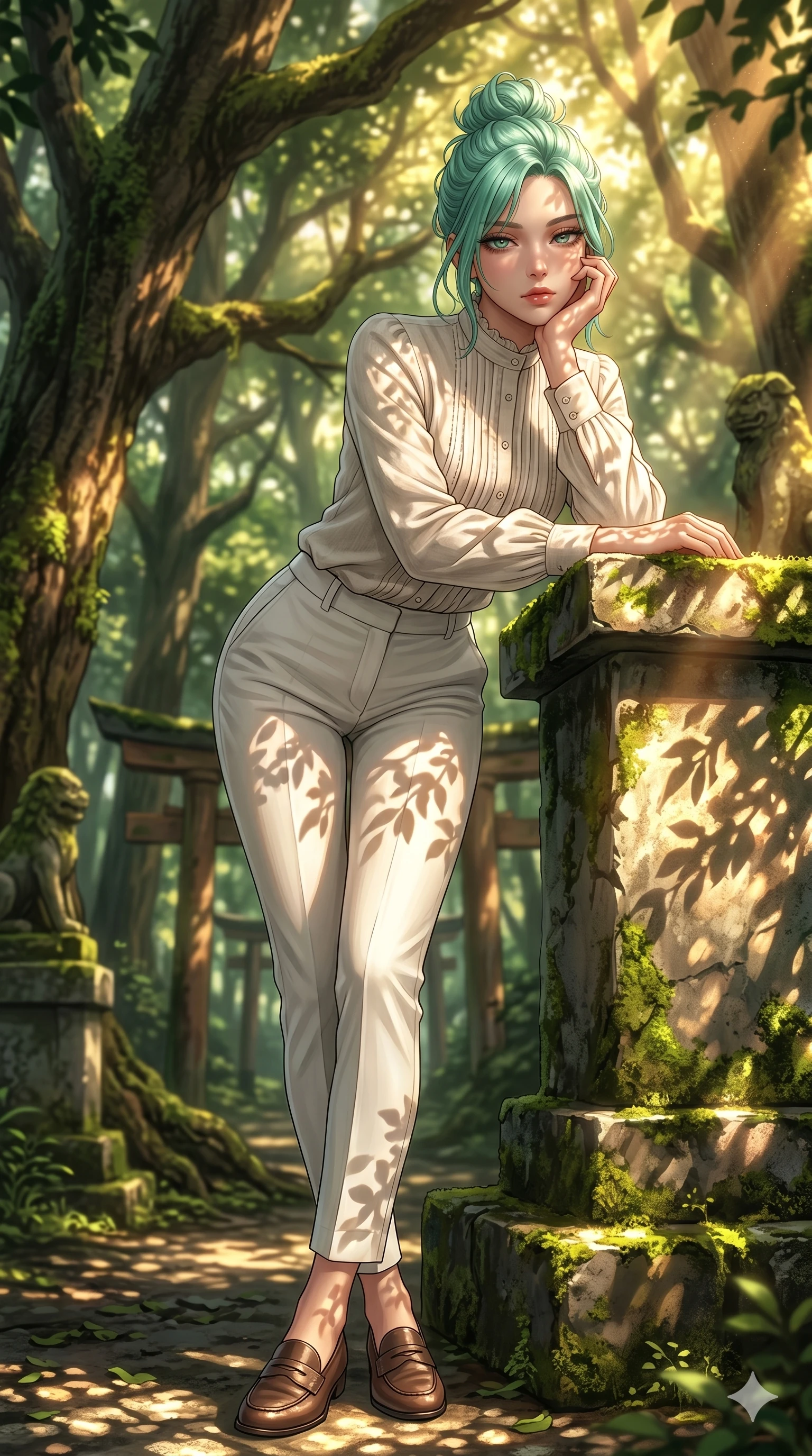score_9, masterpiece, best quality, ultra-detailed, high-budget anime keyframe, editorial fashion photography, tasteful artistic composition, Japanese woman. low angle full-body shot from head to toe showing her feet, filling the entire 9:16 vertical frame with her statuesque presence, stretching her vertical silhouette. resting her chin on the backs of her fingers, casting a heavy-lidded sultry gaze in a sacred coastal forest with bright sunlight filtering through leaves (Code-P19-057). She has an absolutely perfect 8-heads proportion, an exceptionally tall and slender female figure with impossibly long slender legs and an ultra-slim waist. V-shaped jawline, high-bridge nose, intricate jewel-like eyes with depth, thick eyelashes, glossy lips with a natural sheen. wearing a high-neck linen blouse with long sleeves tucked into white cotton trousers. bathed in warm, golden afternoon sunbeams, casting soft organic leaf shadows on her skin. 2k, ultra detail, master piece, 9:16 ratio