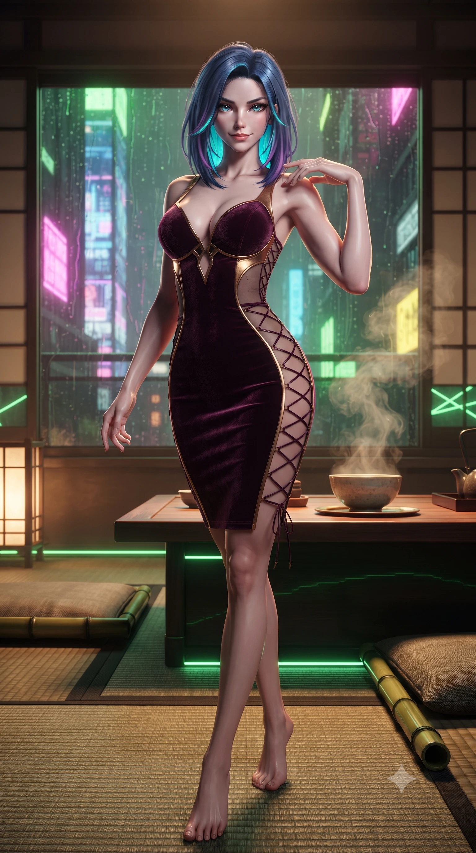 score_9, masterpiece, best quality, ultra-detailed, high-budget anime keyframe, editorial fashion photography, tasteful artistic composition, Caucasian woman. low angle full-body shot from head to toe showing her feet, filling the entire 9:16 vertical frame with her statuesque presence, stretching her vertical silhouette. stepping slowly toward the camera with hypnotic grace, hips swaying in an alluring sensual rhythm that accentuates her curvy hourglass silhouette and long slender legs while twisting her slender torso in an alluring contrapposto stance, rising tea steam and rainy neon skyscraper reflections framing her curves. The surrounding environment is rendered in vivid detail and crisp panoramic clarity: sharp carbon-fiber tatami mat weave, laser emitter bamboo bases, and ceramic bowl glaze in deep focus. She has an absolutely perfect, statuesque 8.5-heads proportion, an exceptionally tall and slender model-like female figure with impossibly long slender legs, an ultra-slim waist, a flat toned midriff, narrow delicate ribcage, and beautifully sculpted feminine hips creating a graceful, slim hourglass silhouette without any bulky heaviness. sharp v-shaped jawline, high-bridge nose, sparkling eyes with hypnotic seductive depth, thick curled eyelashes, glossy parted lips with a natural dewy peach sheen, alluring bedroom-eyes with an enchanting coquettish smile, exuding magnetic siren charisma and sophisticated glamour, flawlessly proportioned anatomical accuracy, strict slender model proportions, natural body alignment, perfectly sculpted long slender limbs, ultra-slim waistline, clean dynamic posture without body distortion. wearing a deep sweetheart-neckline velvet bodycon dress with sheer side-torso cutouts accentuating her hourglass curves in rich dark plum violet and gilded bronze, tailored from fine structural neoprene with crisp architectural edges and smooth contouring, featuring fine criss-cross lace-up side ties revealing tantalizing glimpses of her hip curve, the second-skin tailored fabric adhering flawlessly to her sculpted flat midriff and slender torso, emphasizing her long leg lines and perfectly proportioned willowy build. bathed in warm 2800K tea table downlighting mixed with vibrant green laser lattice accents and exterior neon fill. ultra-reflective glossy finish, specular highlights, rich textural contrasts, high-contrast stereoscopic depth, volumetric dynamic lighting, 2k, ultra detail, master piece, 9:16 ratio