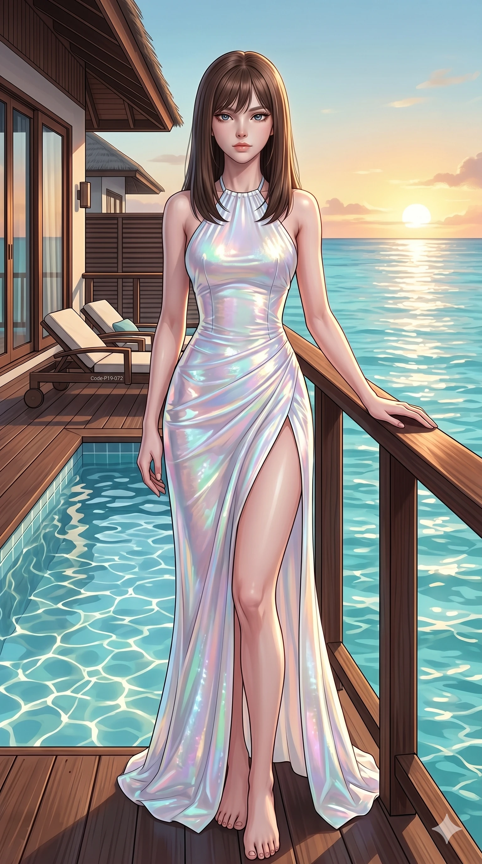 score_9, masterpiece, best quality, ultra-detailed, high-budget anime keyframe, editorial fashion photography, tasteful artistic composition, Korean woman. cowboy shot from the thighs up, character and outfit filling the frame for maximum editorial presence. resting one hand on the villa railing, looking at the lens with quiet superiority on a private sun-deck of a beach retreat overlooking the turquoise sea (Code-P19-072). She has an absolutely perfect 8-heads proportion, an exceptionally tall and slender female figure with impossibly long slender legs and an ultra-slim waist. V-shaped jawline, high-bridge nose, intricate jewel-like eyes with depth, thick eyelashes, glossy lips with a natural sheen. wearing a halter neck summer gown in iridescent seashell laminate with a daring high slit to mid-thigh. sunset reflections from the pool water casting shimmering light patterns. 2k, ultra detail, master piece, 9:16 ratio