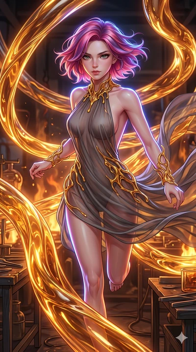 score_9, masterpiece, best quality, ultra-detailed, high-budget anime keyframe, Japanese woman. upper body close-up from the thighs up, character filling the screen for maximum presence. bounding through a molten glass art studio where twisting, glow
