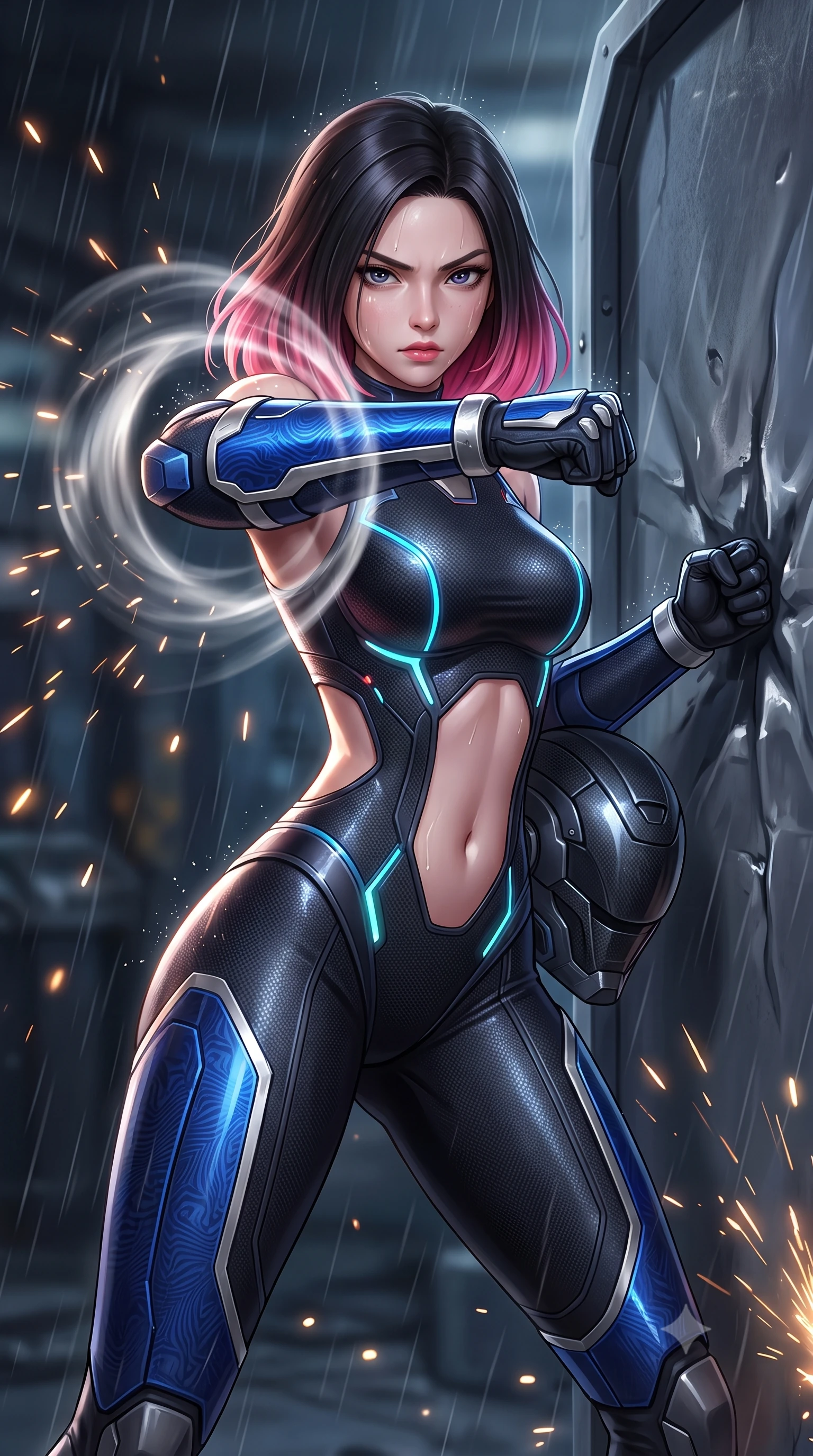 score_9, masterpiece, best quality, ultra-detailed, high-budget anime keyframe, semi-realistic 3D game render, editorial fashion photography, tasteful artistic composition, Korean woman. close-up cowboy shot from the waist and thighs up, the character dominates the composition, filling the frame with her large presence. thrusting a high-speed kinetic punch toward the camera, a visible conical shockwave distortion wrapping around her armored forearm while arching her spine in a fluid combat stance with one fist planted on a dented bulkhead door, catching her breath with fierce pride. The composition keeps background elements in soft focus with creamy bokeh. sparkling short-circuit sparks scattering radiant light motes across a dark fortified bunker backdrop. She has an exceptionally elegant, slender, and willowy female figure with an ultra-slim waist, a gracefully sculpted slender torso, toned flat midriff, and a refined slim silhouette. sharp v-shaped jawline, high-bridge nose, intricate jewel-like eyes with depth, thick eyelashes, glossy lips with a natural sheen, fierce and resolute heroine expression, flawlessly proportioned anatomical accuracy, strict slender model proportions, natural body alignment, perfectly sculpted long slender limbs, ultra-slim waistline, clean dynamic posture without body distortion. holding a modular carbon battle-helmet under one arm, her flawless face and sculpted neck exposed to the rain with determined warrior focus, paired with a skin-tight dark carbon-weave combat bodysuit with glowing neon energy conduits and reinforced Damascus-pattern forearm strike guards in electric cobalt blue carbon with brushed platinum tactical trim, made of liquid carbon-jersey fabric accentuating every curve of her tall, slender model proportions, finished with high-mobility flexible armor articulation seams and miniature magnetic locks, the precision-cut daring openings accentuating her delicate midriff, graceful bare collarbones, and ultra-slim feminine waistline. illuminated by sharp specular highlights tracing her ultra-slim waist, long legs, and sculpted armor plates. rich saturated anime colors with glowing neon highlights, detailed shading with soft gradients, rich glossy textures, high-contrast stereoscopic depth, volumetric dynamic lighting, master piece, 9:16 ratio