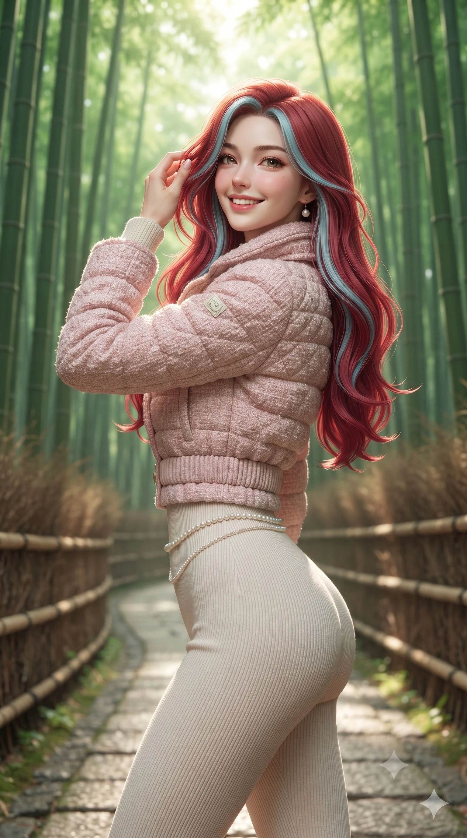 score_9, masterpiece, best quality, ultra-detailed, high-budget anime keyframe, editorial fashion photography, tasteful artistic composition, Caucasian woman. close-up cowboy shot from the waist and thighs up, the character dominates the composition, filling the frame with her large presence. twisting her slender torso in an alluring contrapposto stance, one hand toying with her hair while her gaze radiates magnetic charm while standing poised between towering emerald bamboo stalks, looking back along the stone pathway with an enchanting, radiant smile. The background shows a soft-focus soaring green bamboo culms stretching toward the canopy, filtered sunbeams (komorebi), and woven bamboo fences blurred into emerald, chartreuse, and jade bokeh. She has an exceptionally elegant, slender, and willowy female figure with an ultra-slim waist, flat toned midriff, narrow ribcage, and sculpted feminine hips creating an alluring, slim hourglass silhouette without bulk. sharp v-shaped jawline, high-bridge nose, intricate jewel-like sparkling eyes with depth, thick eyelashes, glossy parted lips with a natural peach sheen, bright cheerful beaming smile with an enchanting and coquettish sensual glint, exuding both youthful cute charm and seductive allure, flawlessly proportioned anatomical accuracy, strict slender model proportions, natural body alignment, perfectly sculpted long slender limbs, ultra-slim waistline, clean dynamic posture without body distortion. wearing a tailored quilted down jacket with a deeply cinched elastic belt worn over an ultra-tight thermal rib-knit bodysuit and leggings in Parisian pastel rose bouclé and cream pearl, crafted from liquid-tight stretch cashmere knit clinging flawlessly to every curve with silky softness, accented with a dainty pearl waist chain catching the ambient sunlight across her sculpted waistline, the body-conscious tailored knit hugging her sculpted torso and curvaceous hips in a seamless, fluid line that highlights her statuesque model proportions. illuminated by soft green foliage bounce and crisp jade-gold rim lights sculpting her razor-sharp jawline and tall willowy frame. ultra-reflective glossy finish, specular highlights, rich textural contrasts, high-contrast stereoscopic depth, volumetric dynamic lighting, 2k, ultra detail, master piece, 9:16 ratio