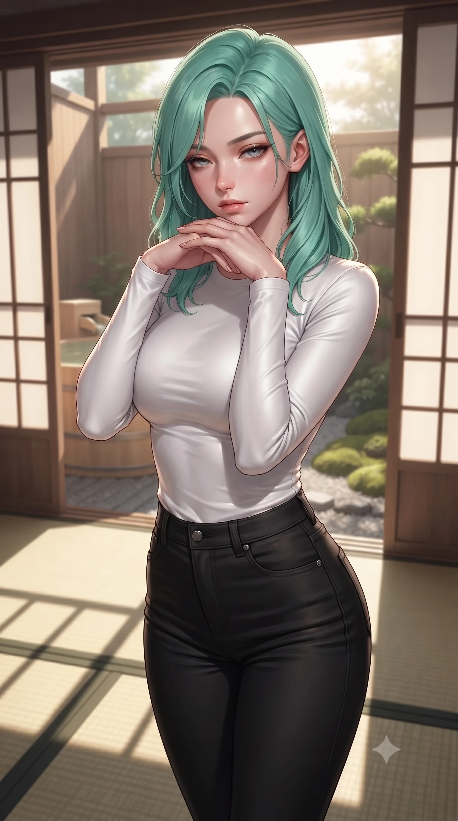 score_9, masterpiece, best quality, ultra-detailed, high-budget anime keyframe, editorial fashion photography, tasteful artistic composition, Japanese woman woman. close-up cowboy shot from the waist and thighs up, the character dominates the composition, filling the frame with her large presence, background elements kept in soft focus. resting her chin on the backs of her fingers, casting a heavy-lidded, sultry look past the camera the background shows a soft-focus a private cypress wood bath (hinoki) facing a small moss garden through sliding doors. She has an exceptionally elegant, slender, and willowy female figure with an ultra-slim waist, a gracefully sculpted slender torso, and a refined silhouette. sharp v-shaped jawline, high-bridge nose, intricate jewel-like eyes with depth, thick eyelashes, glossy lips with a natural sheen. wearing a tailored tight-fitting long-sleeve tee in pure white, tucked into high-waisted black skinny pants. soft late afternoon sunrays casting long wooden grid shadows on the tatami. ultra-reflective glossy finish, specular highlights, metallic sheen, high-contrast stereoscopic depth, volumetric dynamic lighting, 2k, ultra detail, master piece, 9:16 ratio