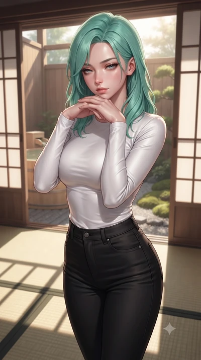 score_9, masterpiece, best quality, ultra-detailed, high-budget anime keyframe, editorial fashion photography, tasteful artistic composition, Japanese woman woman. close-up cowboy shot from the waist and thighs up, the character dominates the composi