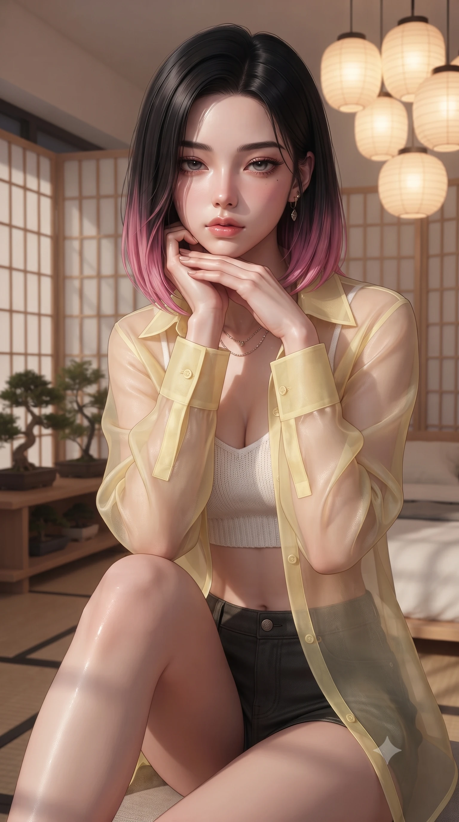 score_9, masterpiece, best quality, ultra-detailed, high-budget anime keyframe, editorial fashion photography, tasteful artistic composition, Korean woman woman. close-up cowboy shot from the waist and thighs up, the character dominates the composition, filling the frame with her large presence, background elements kept in soft focus. resting her chin on the backs of her fingers, casting a heavy-lidded, sultry look past the camera the background shows a soft-focus a modern bedroom decorated with folding paper screens and bonsai plants. She has an exceptionally elegant, slender, and willowy female figure with an ultra-slim waist, a gracefully sculpted slender torso, and a refined silhouette. sharp v-shaped jawline, high-bridge nose, intricate jewel-like eyes with depth, thick eyelashes, glossy lips with a natural sheen. wearing a tailored sheer organza shirt in pale yellow worn open over a knit crop top and micro-shorts. warm glowing paper lanterns casting soft, diffused grid-like shadow lines. ultra-reflective glossy finish, specular highlights, metallic sheen, high-contrast stereoscopic depth, volumetric dynamic lighting, 2k, ultra detail, master piece, 9:16 ratio