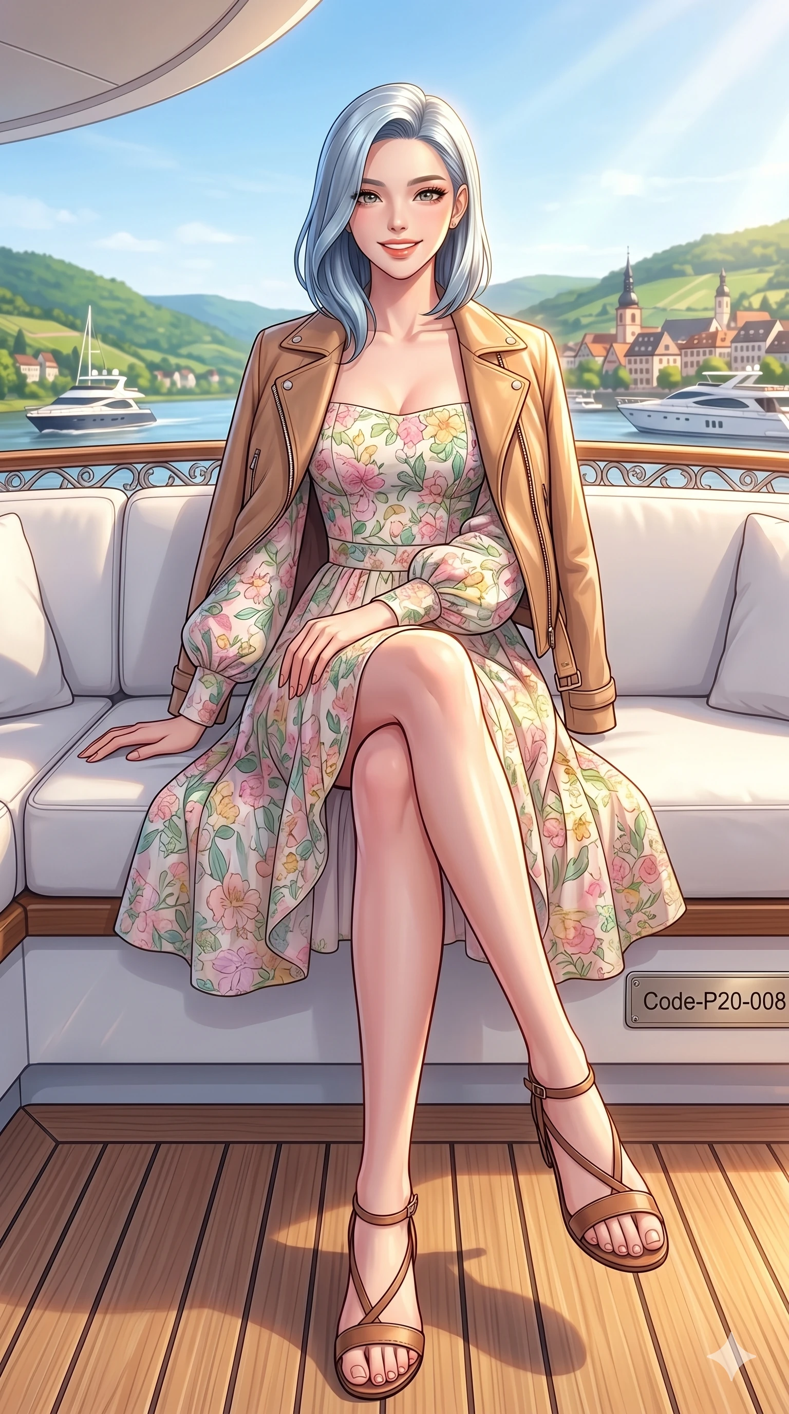 score_9, masterpiece, best quality, ultra-detailed, high-budget anime keyframe, vibrant anime aesthetic, Korean woman. low angle full-body shot from head to toe showing her feet, filling the entire 9:16 vertical frame with her statuesque presence, stretching her vertical silhouette. She is sitting on a white sofa with a happy, radiant smile, looking directly at the viewer on the deck of a luxury riverboat cruising under a sunny, clear sky (Code-P20-008). She has an absolutely perfect 8-heads proportion, an exceptionally tall and slender female figure with impossibly long slender legs and an ultra-slim waist. V-shaped jawline, high-bridge nose, intricate jewel-like eyes with depth, thick eyelashes, glossy lips with a natural sheen. wearing a spring floral sundress with long puff sleeves and a leather jacket. She is bathed in a luminous, warm sunshine highlighting her sleek silhouette and features. 2k, ultra detail, master piece, 9:16 ratio