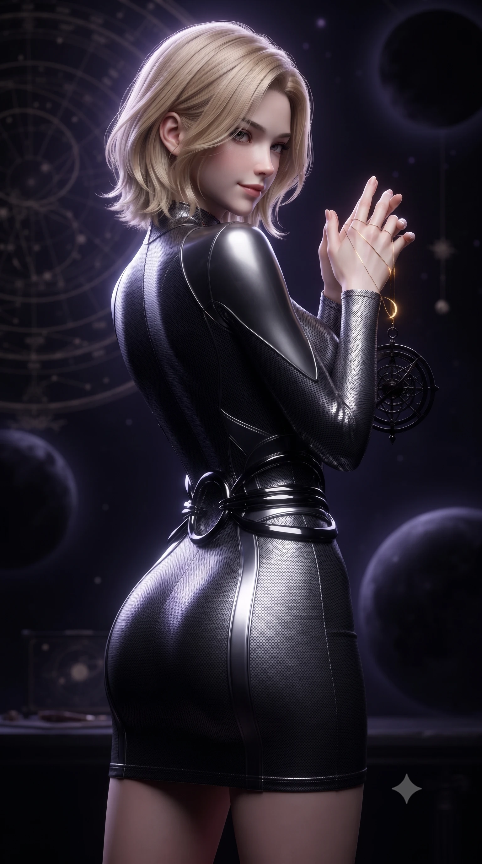 score_9, masterpiece, best quality, ultra-detailed, high-budget anime keyframe, editorial fashion photography, tasteful artistic composition, Caucasian woman. close-up cowboy shot from the waist and thighs up, the character dominates the composition, filling the frame with her large presence, background elements kept in soft focus. Glancing sidelong over her shoulder with a smoldering, enigmatic half-smile, threading dark gold eclipse light through a suspended black astrolabe, dramatic black-on-black contrast defining her sleek silhouette. She has an exceptionally elegant, slender, and willowy female figure with an ultra-slim waist, a gracefully sculpted slender torso, and a refined silhouette. sharp v-shaped jawline, high-bridge nose, intricate jewel-like eyes with depth, thick eyelashes, glossy lips with a natural sheen. wearing aerodynamic second-skin dark silver metallic bodycon dress in smoky pitch black, made of fine dark contouring mesh, accented with sculpted obsidian chrome rings at the waist, highlighting her statuesque proportions and ultra-slim waistline. surrounded by an eerie dark violet starlight aura and sharp rim highlights. ultra-reflective glossy finish, specular highlights, metallic sheen, high-contrast stereoscopic depth, volumetric dynamic lighting, 2k, ultra detail, master piece, 9:16 ratio