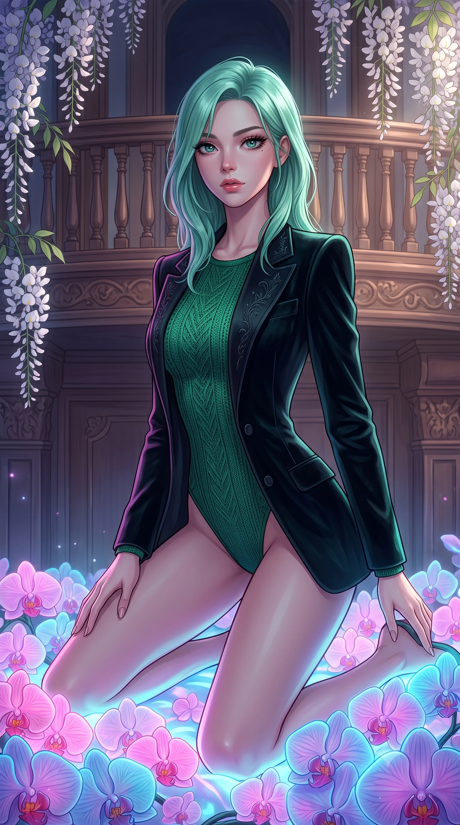 score_9, masterpiece, best quality, ultra-detailed, High-budget Anime Keyframe, East Asian woman. Dynamic full-body shot stretching the vertical silhouette to the limit. Scenario 432: kneeling on a soft bed of glowing neon orchids under a quiet balcony surrounded by trailing white wisteria flowers. Her presence is magnetic and overpowering in this high-budget anime scene. Outfit 432: a slim-fit emerald green bodycon knit bodysuit layered under a structured velvet blazer. The clothing is designed to emphasize her exceptionally tall and slender 8-heads proportion. 8-heads proportion, towering silhouette, ultra-slim waist. sharp v-shaped jawline, intricate jewel-like eyes with depth, thick eyelashes, glossy lips. 2k, ultra detail, master piece, 9:16 ratio