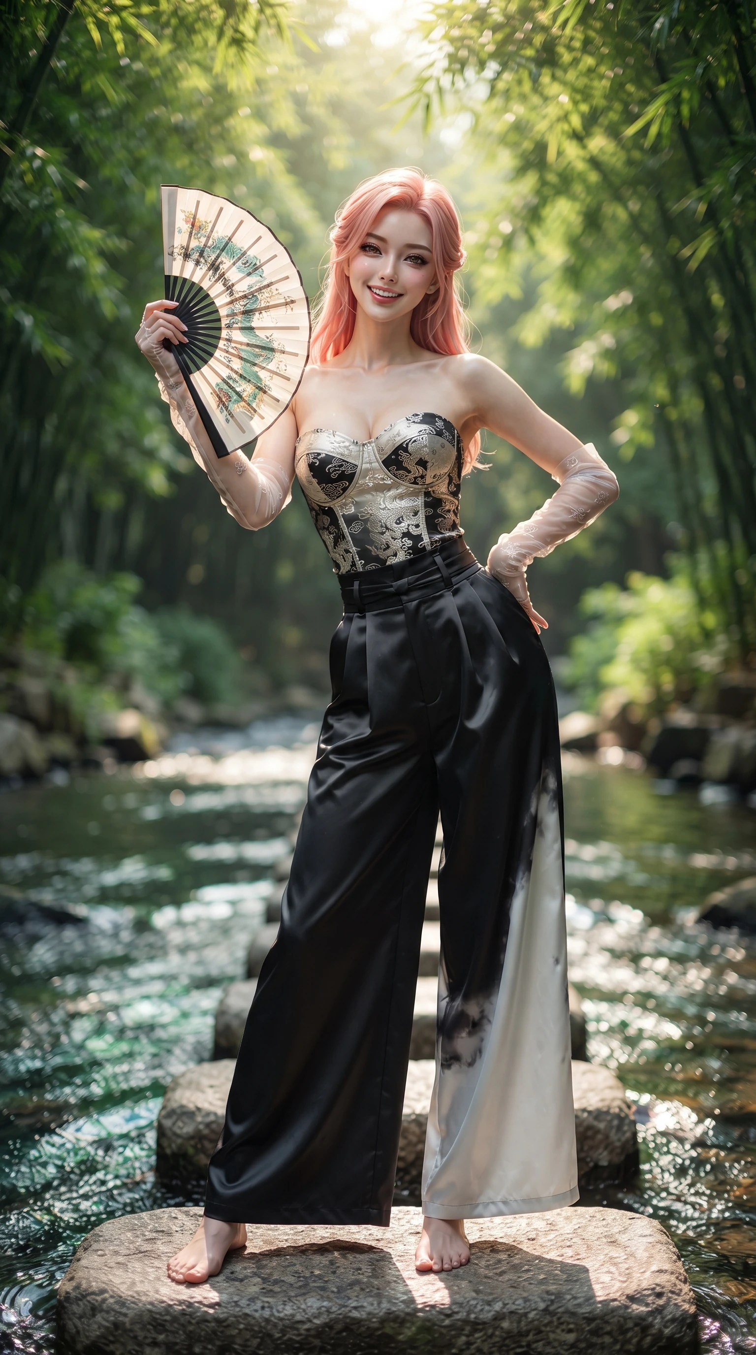 score_9, masterpiece, best quality, ultra-detailed, high-budget anime keyframe, editorial fashion photography, tasteful artistic composition, Japanese woman. close-up cowboy shot from the waist and thighs up, the character dominates the composition, filling the frame with her large presence. playfully unfurling a painted silk fan toward the lens, her radiant smile capturing fresh girlhood charm while her arched torso reveals an intoxicating hip contour while standing barefoot on smooth granite stepping stones across a crystal mountain brook, arching her back with a playful, joyful smile. The background shows a soft-focus soaring Damyang green bamboo canopies filtering dappled sunlight and rippling stream currents blurred into emerald, mint, and liquid gold bokeh. She has an exceptionally elegant, slender, and willowy female figure with an ultra-slim waist, flat toned midriff, narrow ribcage, and sculpted feminine hips creating an alluring, slim hourglass silhouette without bulk. sharp v-shaped jawline, high-bridge nose, intricate jewel-like dark sparkling almond eyes with depth, thick lashes, glossy parted lips with a natural rose-plum sheen, bright alluring and coquettish smile with bedroom-eyes, exuding both timeless oriental elegance and sovereign high-fashion allure, flawlessly proportioned anatomical accuracy, strict slender model proportions, natural body alignment, perfectly sculpted long slender limbs, ultra-slim waistline, clean dynamic posture without body distortion. wearing a strapless structured silk brocade bustier top paired with flowing wide-leg satin palazzo trousers cinched at the waist in stark monochrome black and white ink contrast, made of rich jacquard silk with intricate embossed dragon and cloud motifs, complemented by delicate sheer silk fingerless gloves reaching past her elbows, the glove-like silhouette tightly following the natural contour of her hips and long slender legs with youthful 8.5-heads elegance. bathed in dappled golden morning sunbeams filtering through dense green bamboo leaves. ultra-reflective glossy finish, specular highlights, rich textural contrasts, high-contrast stereoscopic depth, volumetric dynamic lighting, 2k, ultra detail, master piece, 9:16 ratio