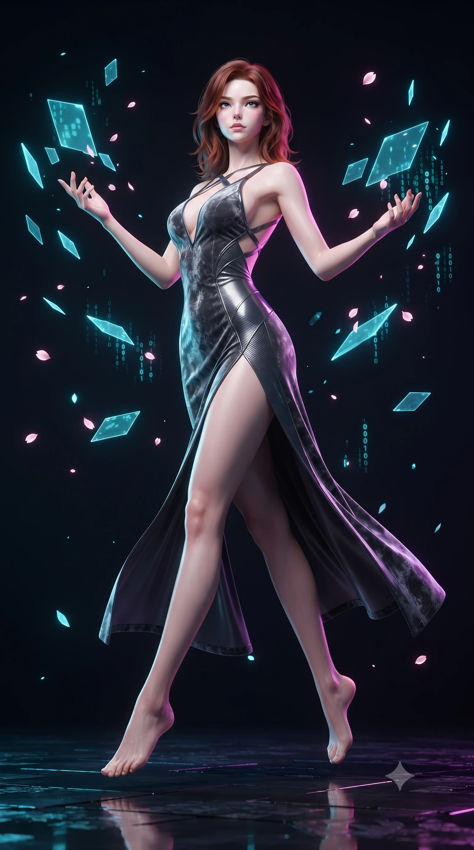 score_9, masterpiece, best quality, ultra-detailed, high-budget anime keyframe, editorial fashion photography, tasteful artistic composition, Korean woman. low angle full-body shot from head to toe showing her feet, filling the entire 9:16 vertical frame with her statuesque presence, stretching her vertical silhouette. leaping gracefully through the environment with statuesque elegance and long slender legs manipulating floating translucent cyan hologram data shards in a void, floating digital sakura petals flickering into binary code sparks. She has an absolutely perfect, statuesque 8.5-heads proportion, an exceptionally tall and slender model-like female figure with impossibly long slender legs and an ultra-slim waist. sharp v-shaped jawline, high-bridge nose, intricate jewel-like eyes with depth, thick eyelashes, glossy lips with a natural sheen. wearing a backless crushed velvet gown with a deep V-neckline and high thigh slit in charcoal grey and platinum, made of fine carbon-fiber weave and soft matte leather, complemented by criss-cross back straps highlighting her bare shoulders, the sleek second-skin texture accentuating her magnetic presence. bathed in brilliant neon cyan and magenta rim light with clean white ambient glow. ultra-reflective glossy finish, specular highlights, metallic sheen, high-contrast stereoscopic depth, volumetric dynamic lighting, 2k, ultra detail, master piece, 9:16 ratio