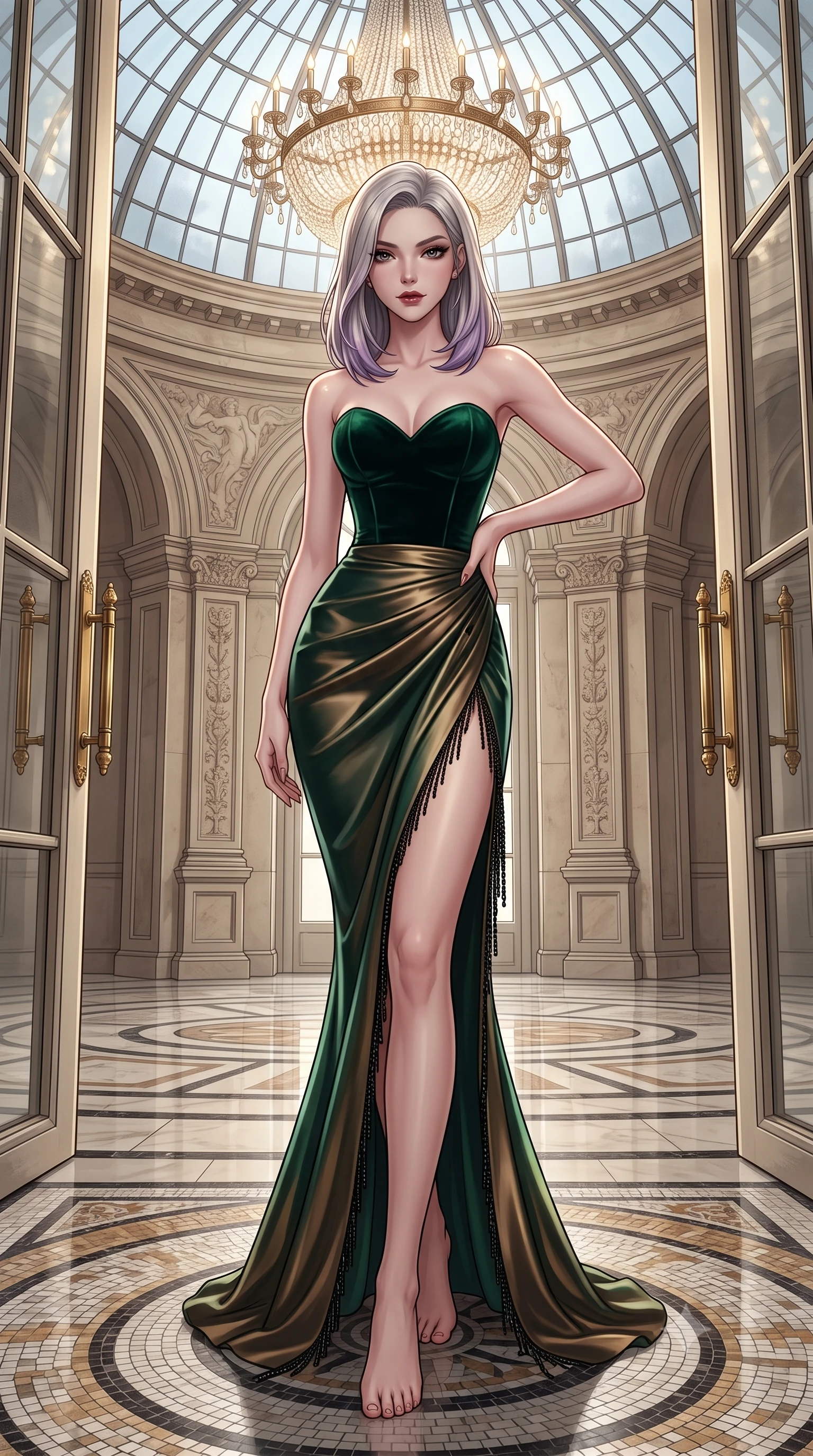 score_9, masterpiece, best quality, ultra-detailed, high-budget anime keyframe, editorial fashion photography, tasteful artistic composition, Caucasian woman. low angle full-body shot from head to toe showing her feet, filling the entire 9:16 vertical frame with her statuesque presence, stretching her vertical silhouette. pausing mid-stride beneath the grand chandelier with one hand resting on her narrow waist, her arched hips and statuesque 8.5-heads presence commanding the 9:16 vertical frame while standing centered beneath the soaring monumental glass dome on the polished mosaic floor, arching her back with sovereign haute-couture poise. The surrounding environment is rendered in vivid detail and crisp panoramic clarity. sharp marble mosaic tile tesserae, carved neoclassical stone pilasters, and brass window frame hardware in deep focus. She has an exceptionally tall and slender model-like 8.5-heads proportion, an ultra-slim waist, a flat toned midriff, narrow delicate ribcage, and beautifully sculpted feminine hips creating a graceful, slim hourglass silhouette without any bulky heaviness, with impossibly long slender legs. sharp v-shaped jawline, high-bridge nose, intricate jewel-like dark sparkling eyes with dangerous depth, thick curled eyelashes, glossy parted lips with a rich wine sheen, smoldering seductive half-smile with bedroom-eyes, exuding effortless superiority and intoxicating dark allure, flawlessly proportioned anatomical accuracy, strict slender model proportions, natural body alignment, perfectly sculpted long slender limbs, ultra-slim waistline, clean dynamic posture without body distortion. wearing a sweetheart-neckline velvet bustier paired with a curve-hugging high-slit mermaid maxi skirt in dark emerald green and brushed antique bronze, crafted from heavy fluid silk satin with a liquid mirror-like drape, accented with fine jet-black beaded tassels that sway with each movement, the glove-like silhouette tightly following the natural contour of her hips and long slender legs with youthful 8.5-heads elegance. illuminated by crisp champagne gold rim lighting and sharp architectural downlights sculpting her razor-sharp jawline, narrow waist, and curvy hips. ultra-reflective glossy finish, specular highlights, rich textural contrasts, high-contrast stereoscopic depth, volumetric dynamic lighting, 2k, ultra detail, master piece, 9:16 ratio