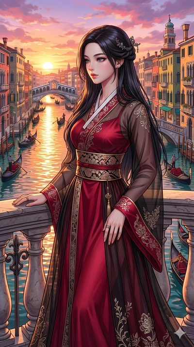 score_9, masterpiece, best quality, ultra-detailed, Set C: High-budget Anime Keyframe, Korean woman. Upper body close-up from the thighs up, character filling the screen for maximum presence. Standing on a balcony overlooking a city of canals and gon