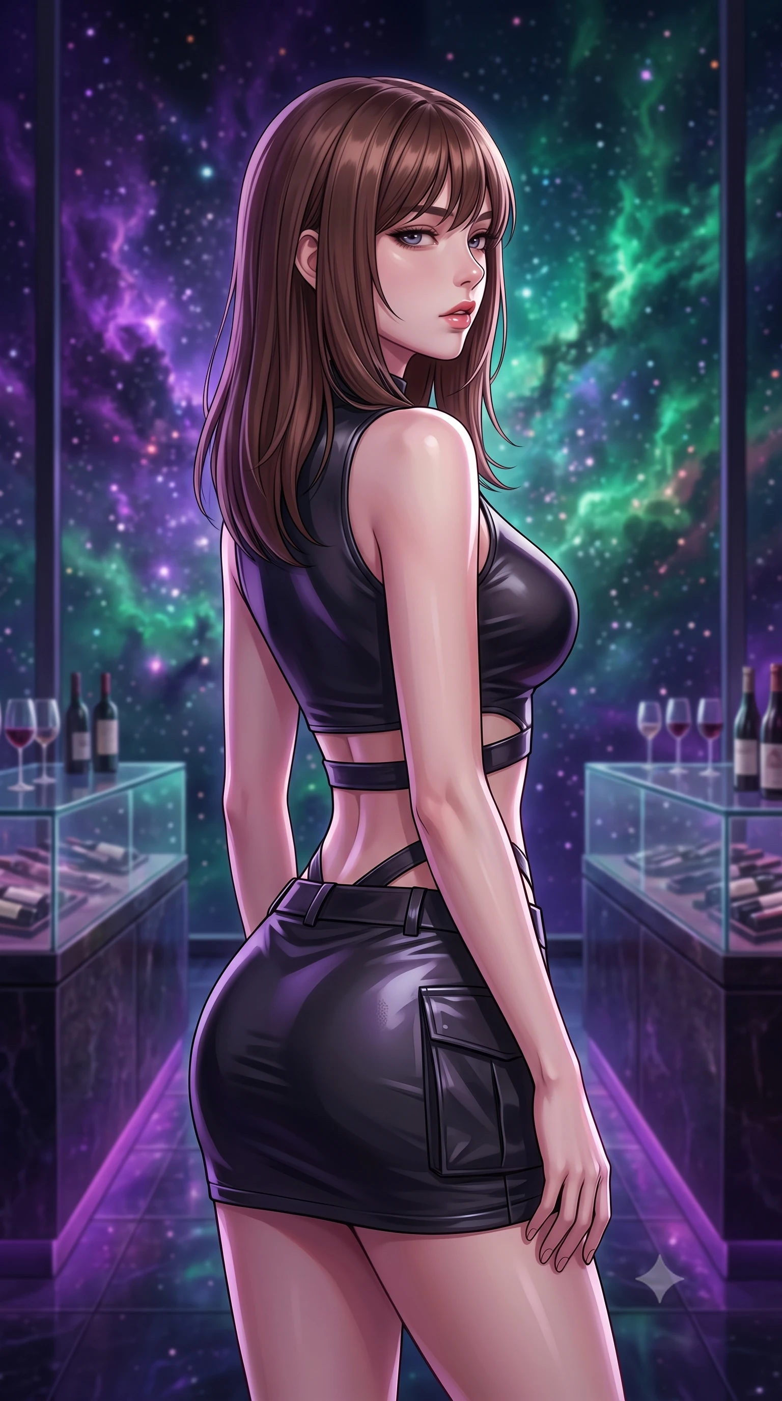 score_9, masterpiece, best quality, ultra-detailed, high-budget anime keyframe, editorial fashion photography, tasteful artistic composition, Korean woman. close-up cowboy shot from the waist and thighs up, the character dominates the composition, filling the frame with her large presence, background elements kept in soft focus. turning her face in profile to look over her shoulder, casting a smoldering side gaze with lips slightly parted, the background shows a soft-focus a cosmic wine lounge with glass counters facing a massive stardust cloud. She has an exceptionally elegant, slender, and willowy female figure with an ultra-slim waist, a gracefully sculpted slender torso, and a refined silhouette. sharp v-shaped jawline, high-bridge nose, intricate jewel-like eyes with depth, thick eyelashes, glossy lips with a natural sheen. wearing a body-hugging modern carbon-alloy crop top paired with a low-rise tactical skirt and a subtle waist cut-out. deep violet and emerald nebula gas light painting the lounge in a cosmic wash. highly saturated vibrant anime colors, detailed shading with soft gradients, rich glossy textures, high-contrast stereoscopic depth, volumetric dynamic lighting, master piece, 9:16 ratio
