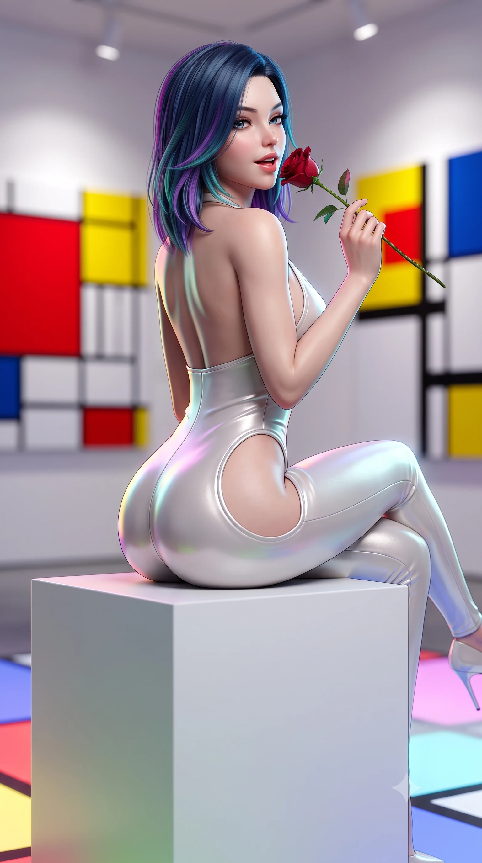 score_9, masterpiece, best quality, ultra-detailed, high-budget anime keyframe, semi-realistic 3D game render, editorial fashion photography, tasteful artistic composition, Caucasian woman. close-up cowboy shot from the waist and thighs up, the character dominates the composition, filling the frame with her large presence. posing in an alluring rear three-quarter angle, looking over a bare shoulder with parted glossy lips, her hips cocked back to highlight her slim hourglass curve while sitting perched on a minimalist white cube with legs crossed, flashing a playful, teasing smile with glossy parted lips. The background shows a soft-focus modern art spotlights softened in vibrant De Stijl shallow focus. She has an exceptionally elegant, slender, and willowy female figure with an ultra-slim waist, flat toned midriff, narrow ribcage, and sculpted feminine hips creating an alluring, slim hourglass silhouette without bulk. sharp v-shaped jawline, high-bridge nose, sparkling eyes with hypnotic seductive depth, thick curled eyelashes, glossy parted lips with a natural dewy peach sheen, alluring bedroom-eyes with an enchanting coquettish smile, exuding magnetic siren charisma and sophisticated glamour, flawlessly proportioned anatomical accuracy, strict slender model proportions, natural body alignment, perfectly sculpted long slender limbs, ultra-slim waistline, clean dynamic posture without body distortion. wearing a liquid metallic lamé plunge halterneck jumpsuit clinging like a second skin with high-cut side hip cutouts in pure pearl alabaster with liquid platinum sheen, tailored from fine structural neoprene with crisp architectural edges and smooth contouring, accented with a single fresh-cut long-stemmed crimson rose held delicately near her parted lips, the liquid-tight tailored fabric clinging flawlessly to her narrow waist and rounded feminine hips, emphasizing every millimeter of her sculpted slim hourglass curves without any bulky heaviness. illuminated by colored panel floor bounce and sharp multi-colored rim lights defining her delicate clavicles, narrow waist, and curvy hips. highly saturated vibrant anime colors, detailed shading with soft gradients, rich glossy textures, high-contrast stereoscopic depth, volumetric dynamic lighting, master piece, 9:16 ratio