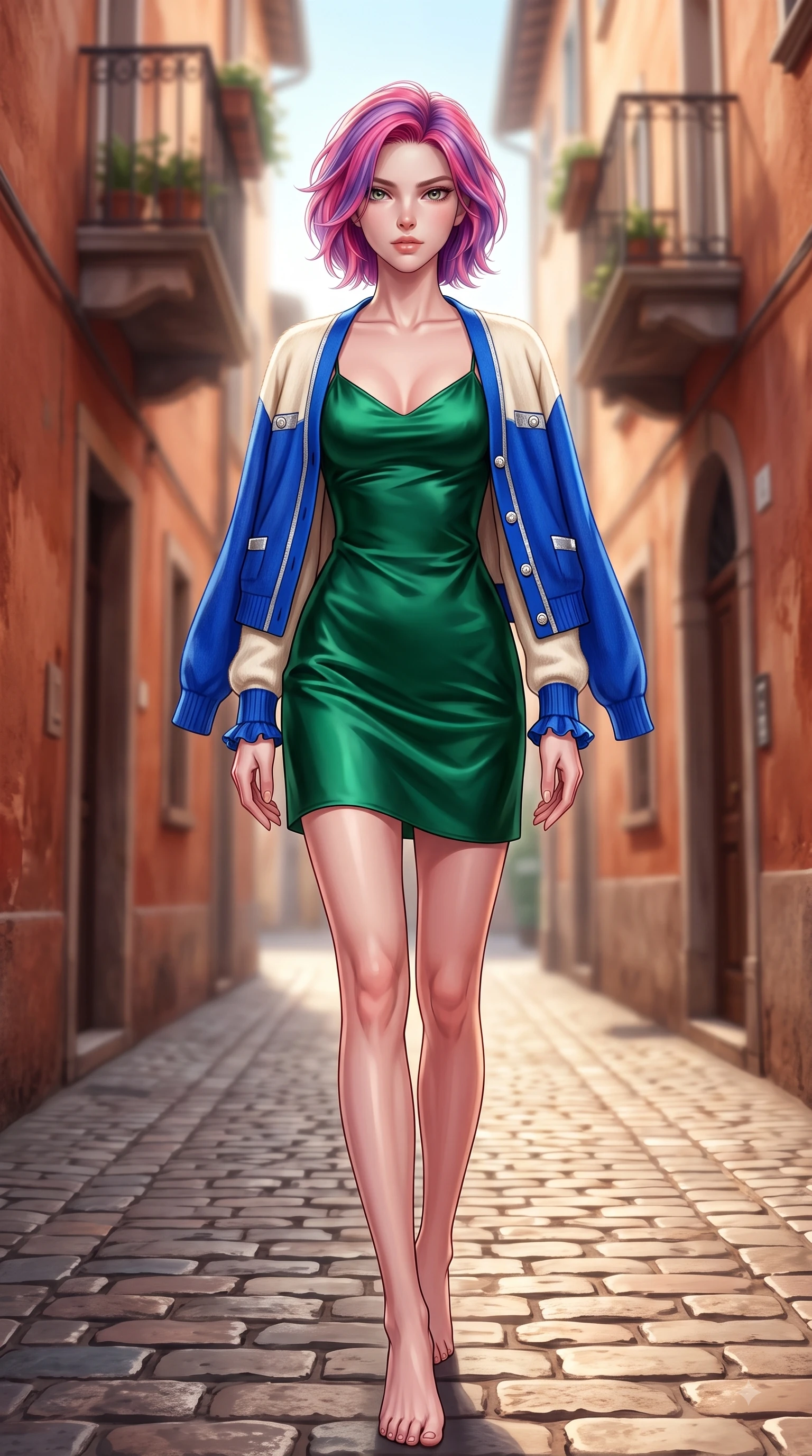 score_9, masterpiece, best quality, ultra-detailed, high-budget anime keyframe, editorial fashion photography, tasteful artistic composition, Caucasian woman. low angle full-body shot from head to toe showing her feet, filling the entire 9:16 vertical frame with her statuesque presence, stretching her vertical silhouette. Statuesque haughty posture with a cool, sharp glance and composed high-fashion elegance while striding dramatically down a sun-drenched European cobblestone alley lined with rustic terracotta walls. The composition keeps background elements in soft focus with dreamy bokeh. rustic European balconies blurring smoothly behind her high-fashion silhouette. She has an absolutely perfect, statuesque 8.5-heads proportion, an exceptionally tall and slender model-like female figure with impossibly long slender legs and an ultra-slim waist. sharp v-shaped jawline, high-bridge nose, intricate jewel-like eyes with depth, thick eyelashes, glossy lips with a natural sheen, flawlessly proportioned anatomical accuracy, natural body alignment, perfectly sculpted elegant limbs, clean dynamic posture without body distortion. wearing a rich emerald green satin slip dress layered under a plush cream cardigan in electric cobalt blue and polished silver accent, crafted from soft breathable Italian linen, accented with delicate pearl buttons and refined ruffle trims, the chic fashion cut framing her graceful clavicle and slender torso. surrounded by a sophisticated, cinematic, and timeless European editorial aura. highly saturated vibrant anime colors, detailed shading with soft gradients, rich glossy textures, high-contrast stereoscopic depth, volumetric dynamic lighting, master piece, 9:16 ratio