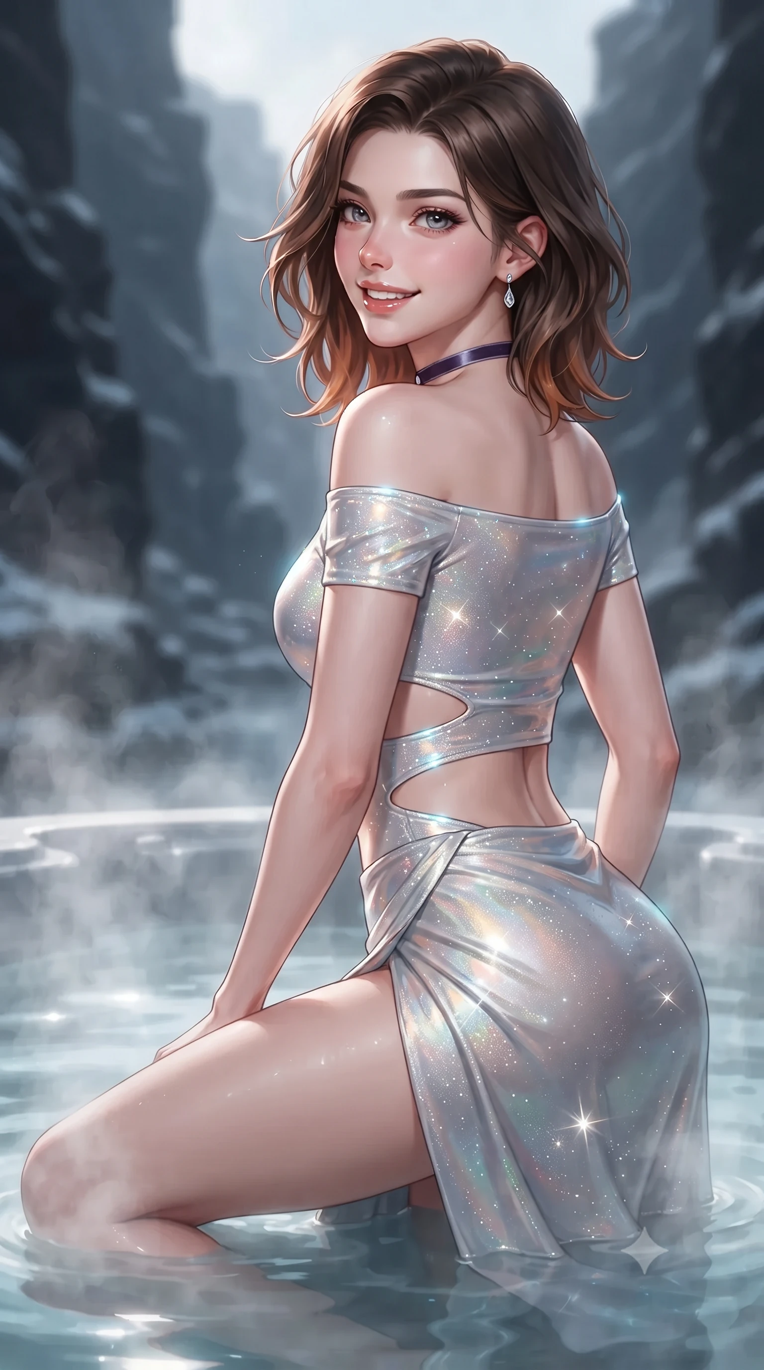 score_9, masterpiece, best quality, ultra-detailed, high-budget anime keyframe, editorial fashion photography, tasteful artistic composition, Korean woman. close-up cowboy shot from the waist and thighs up, the character dominates the composition, filling the frame with her large presence. posing in an alluring rear three-quarter angle, looking over a bare shoulder with parted glossy lips, her hips cocked back to highlight her slim hourglass curve while lounging in the steaming tub water with legs extended, her statuesque 8.5-heads silhouette commanding the monumental fjord canyon. The background shows a soft-focus billowing thermal hot tub steam softened in dramatic Nordic canyon hideaway shallow focus. She has an exceptionally elegant, slender, and willowy female figure with an ultra-slim waist, flat toned midriff, narrow ribcage, and sculpted feminine hips creating an alluring, slim hourglass silhouette without bulk. sharp v-shaped jawline, high-bridge nose, intricate jewel-like sparkling eyes with depth, thick eyelashes, glossy parted lips with a natural peach sheen, bright cheerful beaming smile with an enchanting and coquettish sensual glint, exuding both youthful cute charm and seductive allure, flawlessly proportioned anatomical accuracy, strict slender model proportions, natural body alignment, perfectly sculpted long slender limbs, ultra-slim waistline, clean dynamic posture without body distortion. wearing an alluring off-the-shoulder crop top with asymmetrical side-torso cutouts and a high-slit wrap skirt in iridescent mother-of-pearl and liquid molten silver, woven from stretch metallic lurex jersey casting radiant starlight glints across her curves, finished with a thin velvet ribbon choker and a single teardrop diamond pendant, the form-contouring silhouette accentuating her sculpted flat midriff, narrow delicate ribcage, and gracefully curvy hips with intoxicating allure. illuminated by pool water specular bounce and sharp platinum-cyan rim lights defining her dewy collarbones, ultra-slim waist, and curvy hips. ultra-reflective glossy finish, specular highlights, rich textural contrasts, high-contrast stereoscopic depth, volumetric dynamic lighting, 2k, ultra detail, master piece, 9:16 ratio