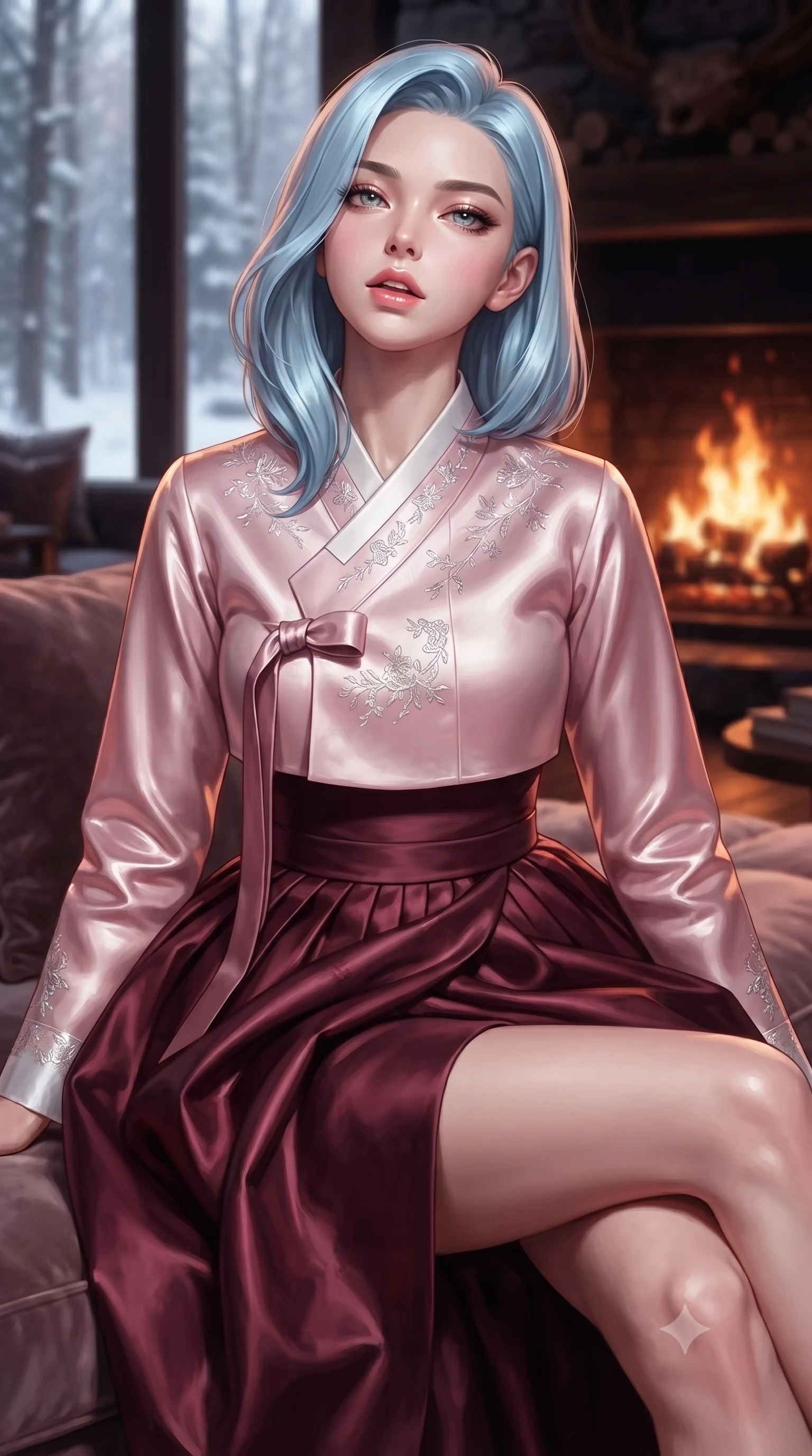 score_9, masterpiece, best quality, ultra-detailed, high-budget anime keyframe, editorial fashion photography, tasteful artistic composition, Korean woman woman. close-up cowboy shot from the waist and thighs up, the character dominates the composition, filling the frame with her large presence, background elements kept in soft focus. tilting her chin up slightly with lips parted in a composed, provocative expression the background shows a soft-focus a private lounge area with a fireplace and plush velvet sofa, facing snowy woods outside. She has an exceptionally elegant, slender, and willowy female figure with an ultra-slim waist, a gracefully sculpted slender torso, and a refined silhouette. sharp v-shaped jawline, high-bridge nose, intricate jewel-like eyes with depth, thick eyelashes, glossy lips with a natural sheen. wearing a tailored modern fusion hanbok jeogori in light pink silk, paired with a high-waisted wrap skirt. the warm orange flicker of the hearth fire casting cozy, intimate shadows. ultra-reflective glossy finish, specular highlights, metallic sheen, high-contrast stereoscopic depth, volumetric dynamic lighting, 2k, ultra detail, master piece, 9:16 ratio